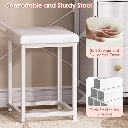 Miniatura 4 de X-cosrack Escritorio pequeño de tocador de 27.5 pulgadas con espejo, mesa de maquillaje compacta con silla, tocador pequeño con 3 cajones de tela