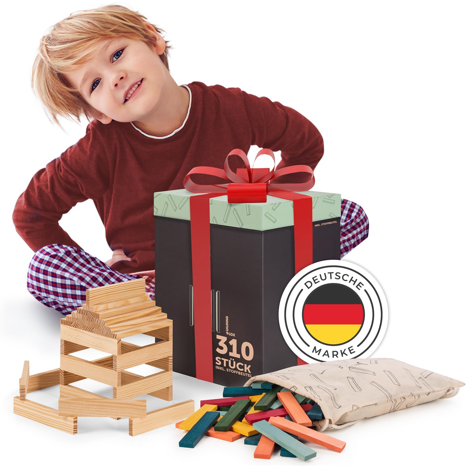 Laleni Bausteine Set - Bausteine Holz Natur 220 Stück + Bauklötze Holz Bunt 90 Stück aus 100% Kiefer - Holzklötze für Kinder - Holzklötzchen zum Spielen mit Box - Holzspielzeug - Holzstäbe zum Basteln