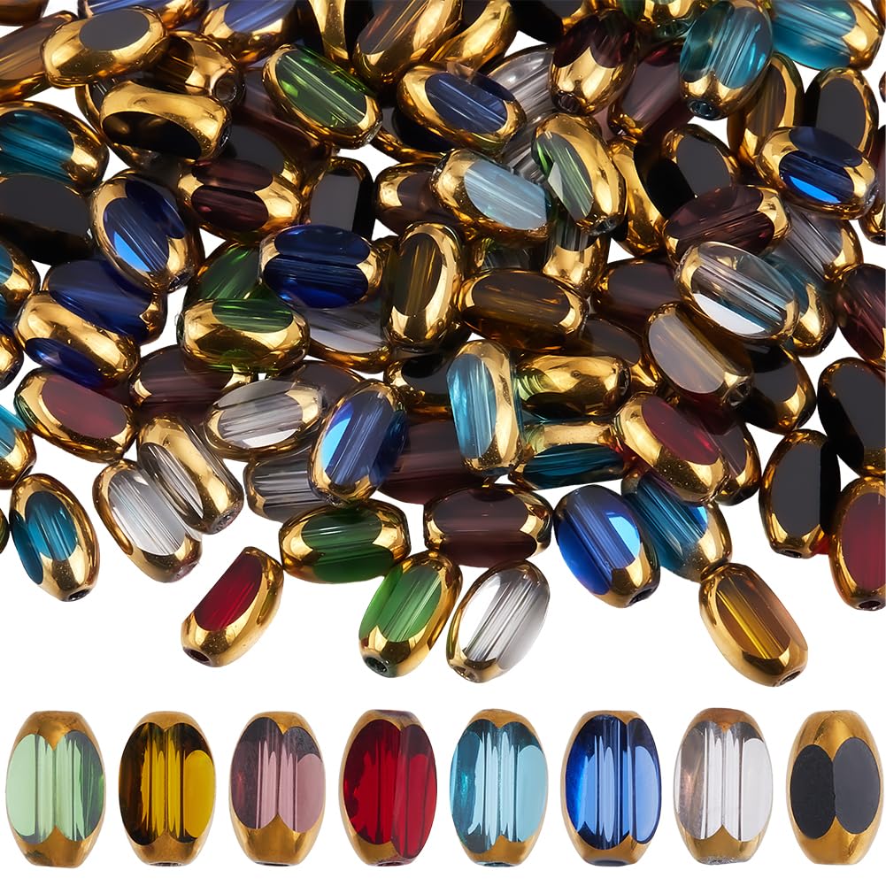 SUNNYCLUE 1 Box 160Pcs 8 Colors Faceted Glass Bead Rice Shaped Beads Bulk Colorful Golden Edge Electroplate Crystal Oval Barrel Loose Spacer Bead for Jewellery Making Necklaces Bracelets DIY Crafts