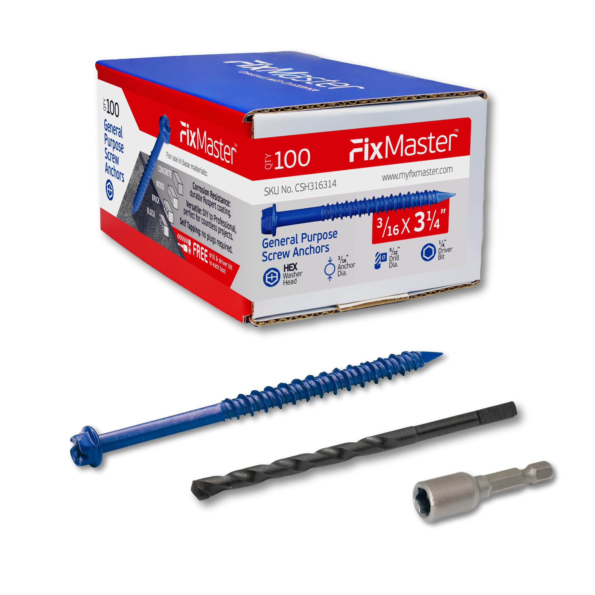 Concrete Screw Anchors - 100 Pack with Drill Bit & Screwdriver -18