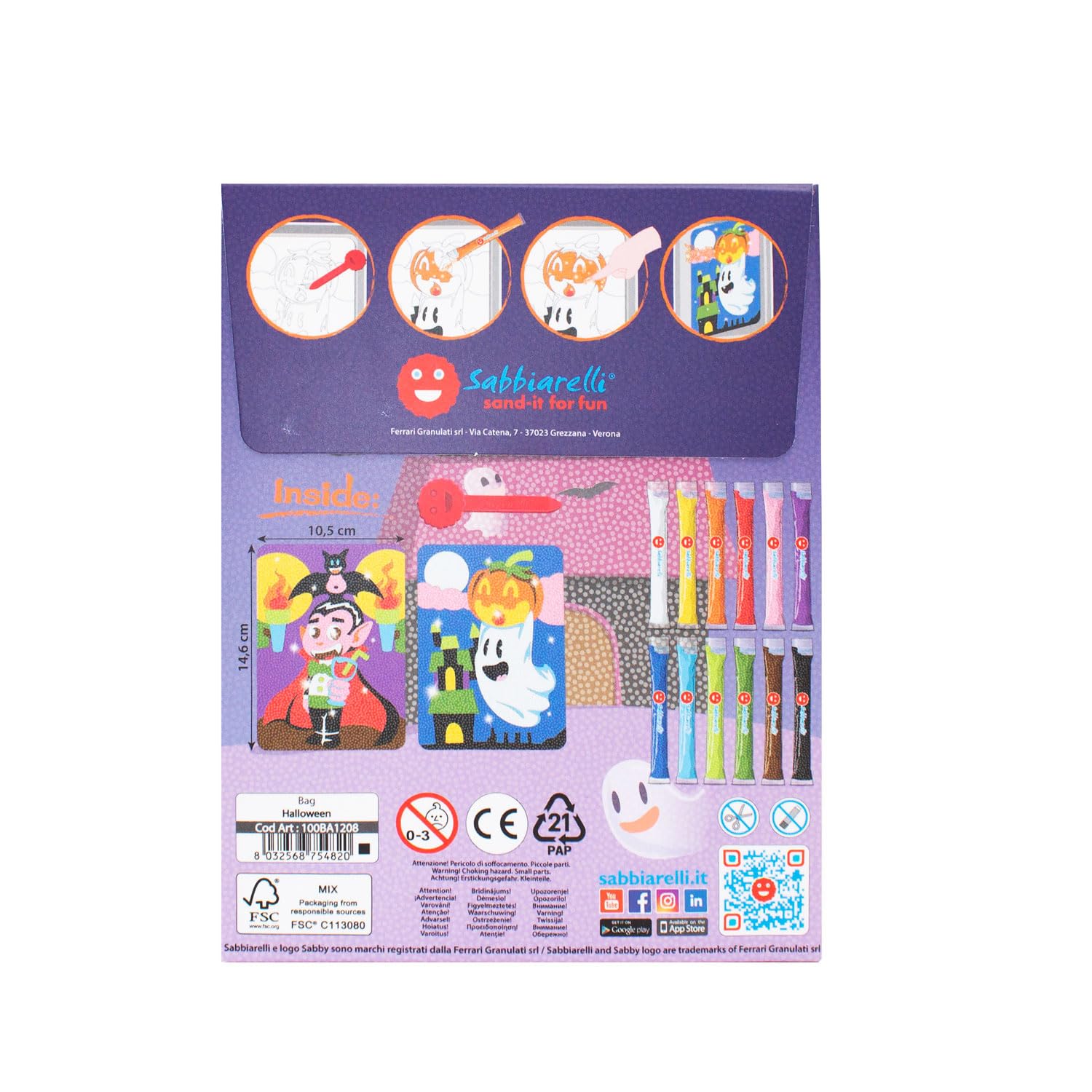 Sabbiarelli Sand-it For Fun – Bag Halloween | Mini Kit Sand Art z Motywem Halloween 100% Made in Italy z Kolorowym Piaskiem i Rysunkami Samoprzylepnymi | Dzieci 5-12