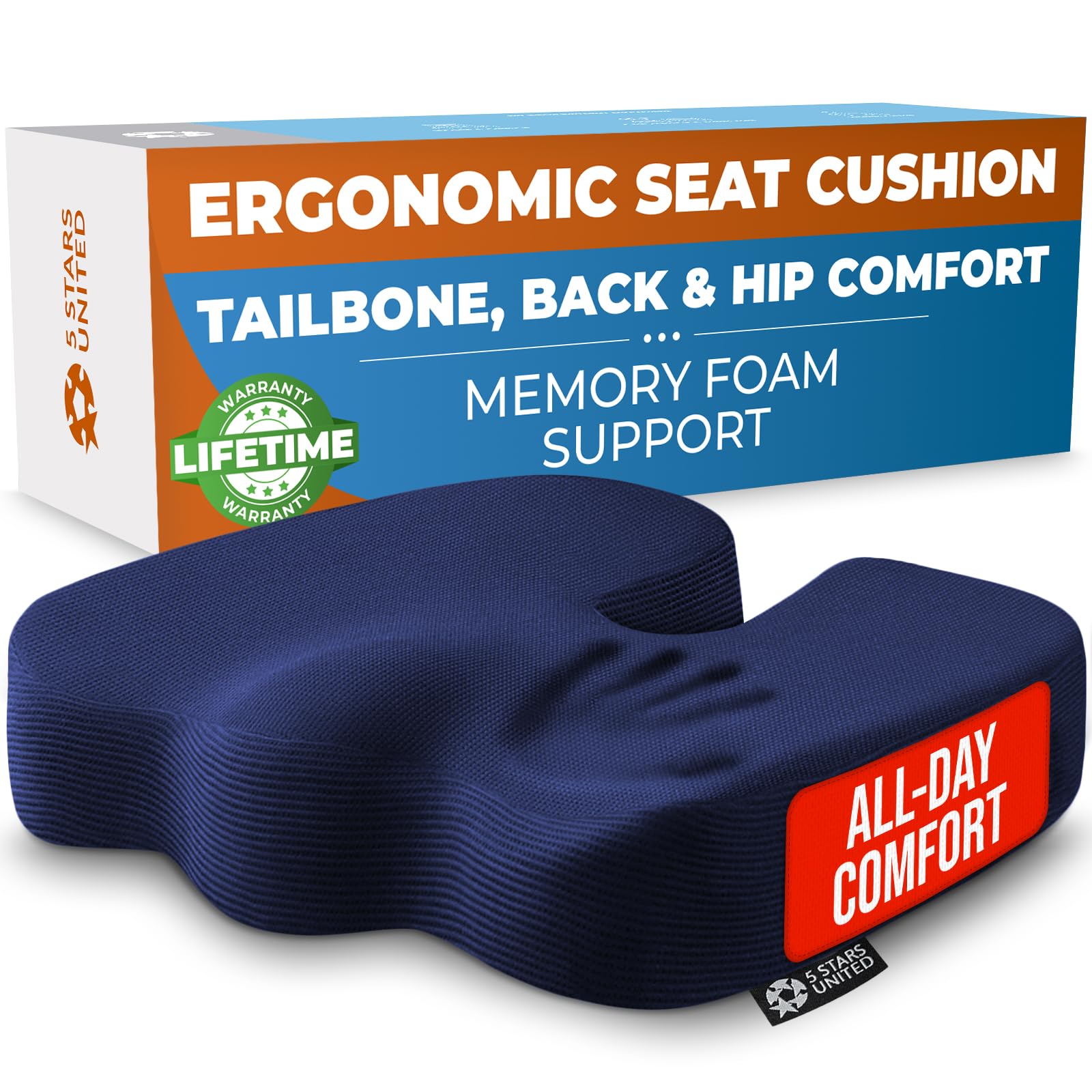 Photo 1 of 5 STARS UNITED Seat Cushion - Memory Foam Chair Cushion for Tailbone Pain Relief - Ergonomic Support for Coccyx, Sciatica & Butt - Office, Desk & Gaming Chair, Car Seat, Wheelchair, Airplane, Blue