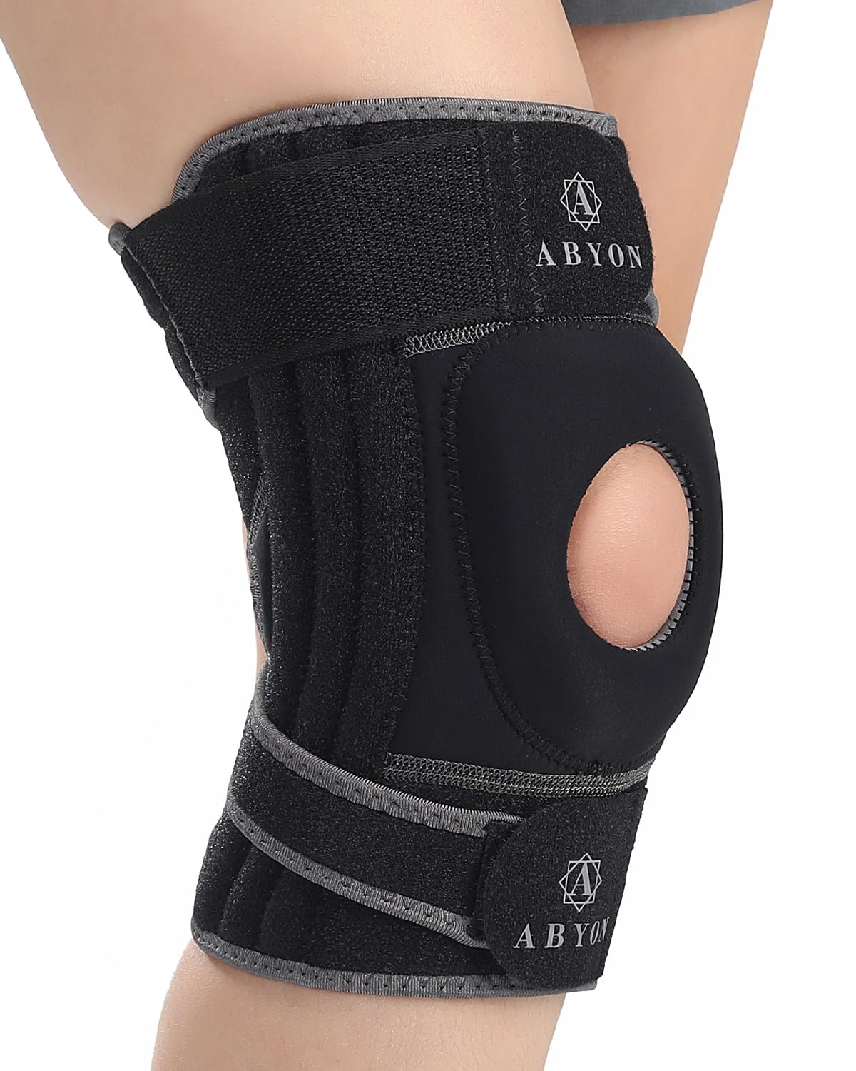 ABYON ELITE Kniebandage für Damen & Herren mit 4-fach verstellbarem rutschfestem Gurtsystem und seitlichen Stabilisatoren – Knieorthese bei Schmerzen, Arthritis, Kreuzband, Meniskus, Läuferknie