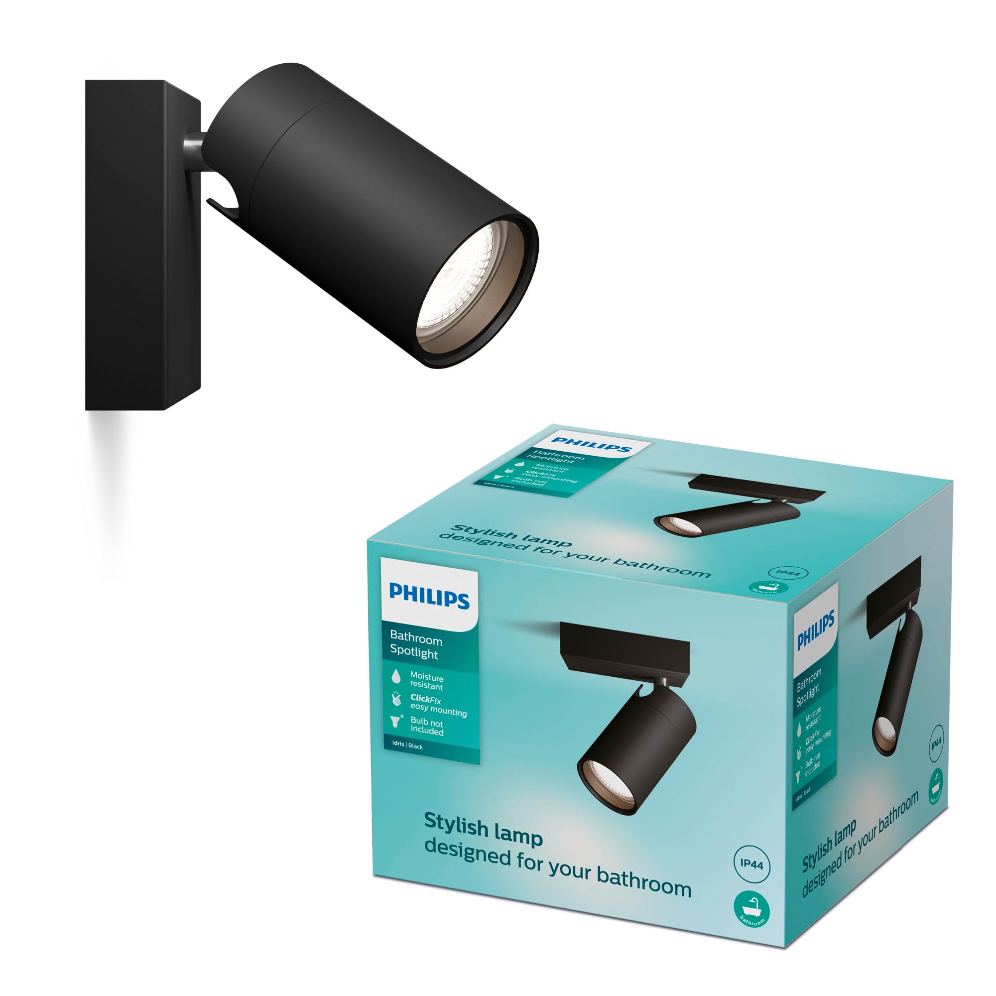 Philips LED Pojedynczy reflektor punktowy Idris, czarny, IP44, wodoodporny, żarówka GU10 nie wchodzi w skład zestawu
