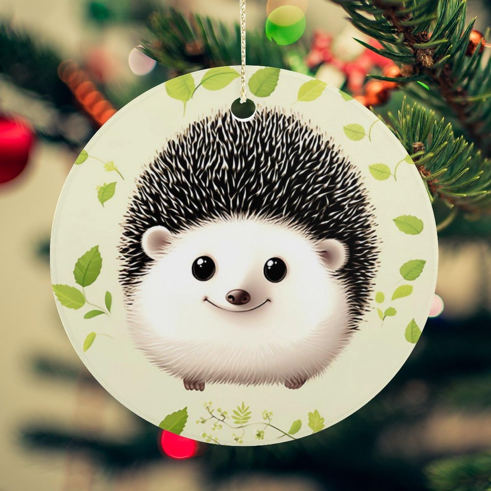 Cute Hedgehog Christmas Ornament for Christmas Tree Ceramic Round Ornament Winter Holiday Keepsake Gift 2.7" Christmas Tree Hanging Decorations Circle Ceramic Pendant Xmas Gift