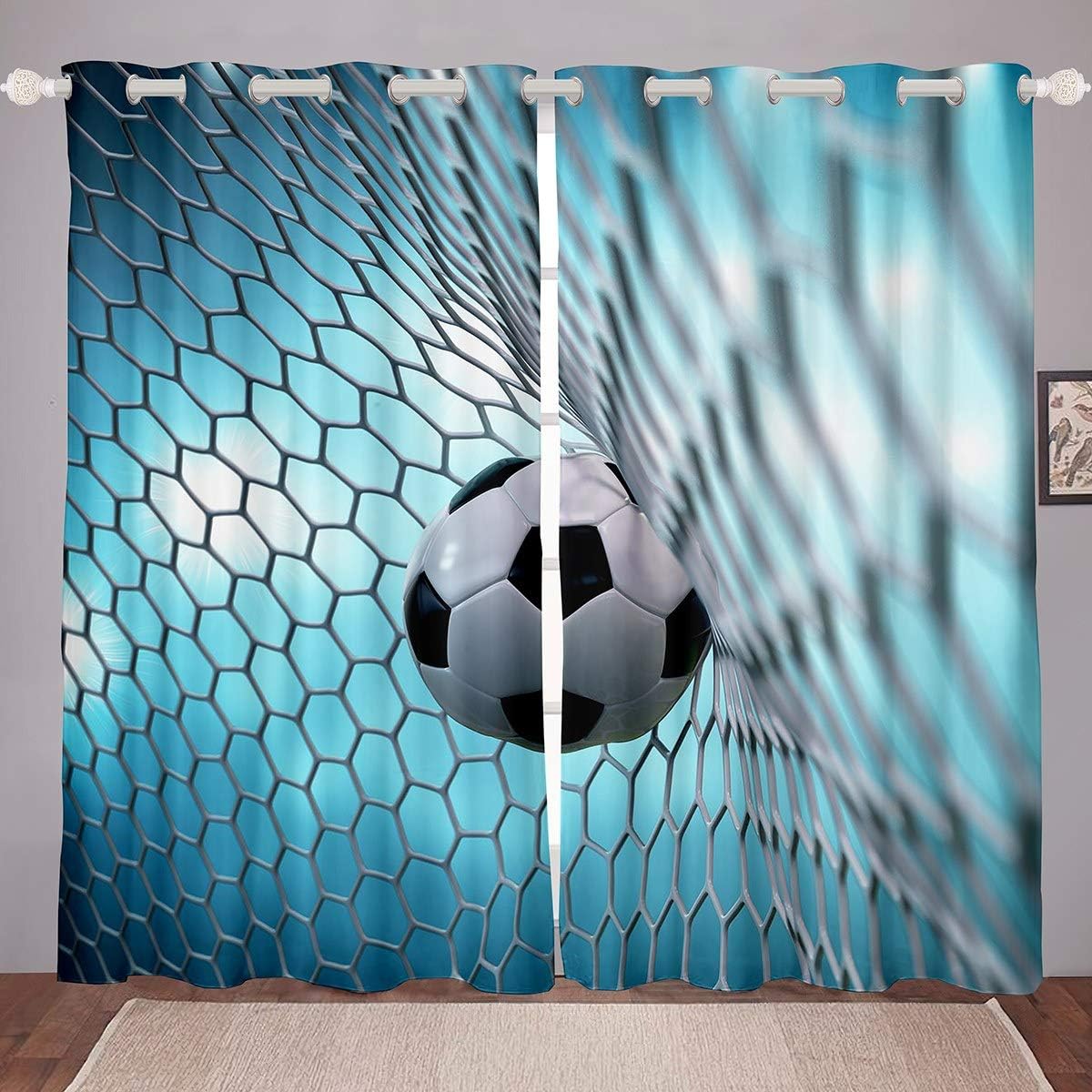 Feelyou Soccer Sports Curtains for Bedroom Living Room Goal Football Curtains for Kids Boys Girls Sports Theme Windows Drapes Geometric Net Print Room Decoration,52 X 84 Inch,2 Panels Multi