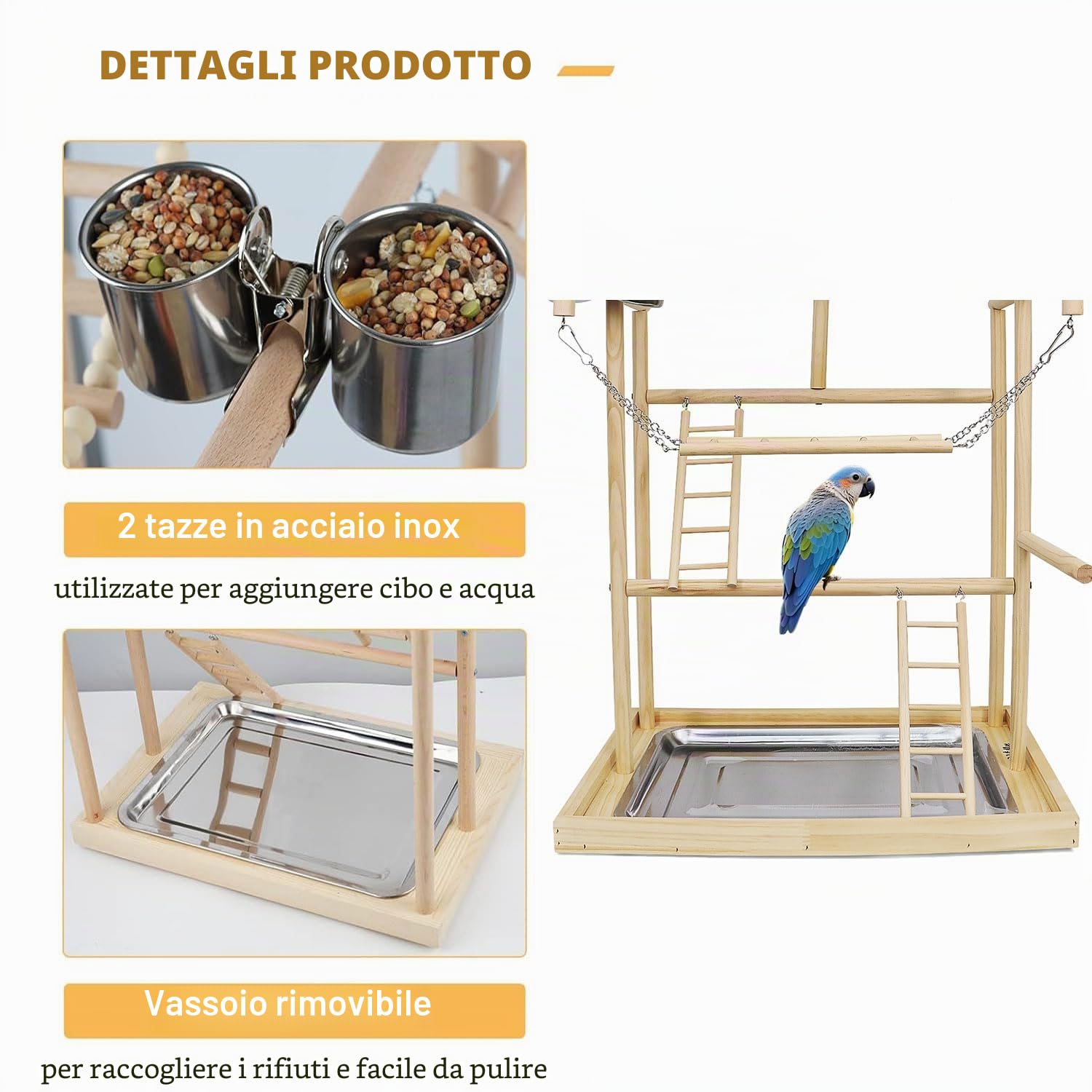Parco Giochi per Pappagalli in Legno,con Tazze di Alimentazione in Acciaio Inox, Catena in Plastica Colorata per Animali Domestici, per Pappagalli e Altri Uccelli
