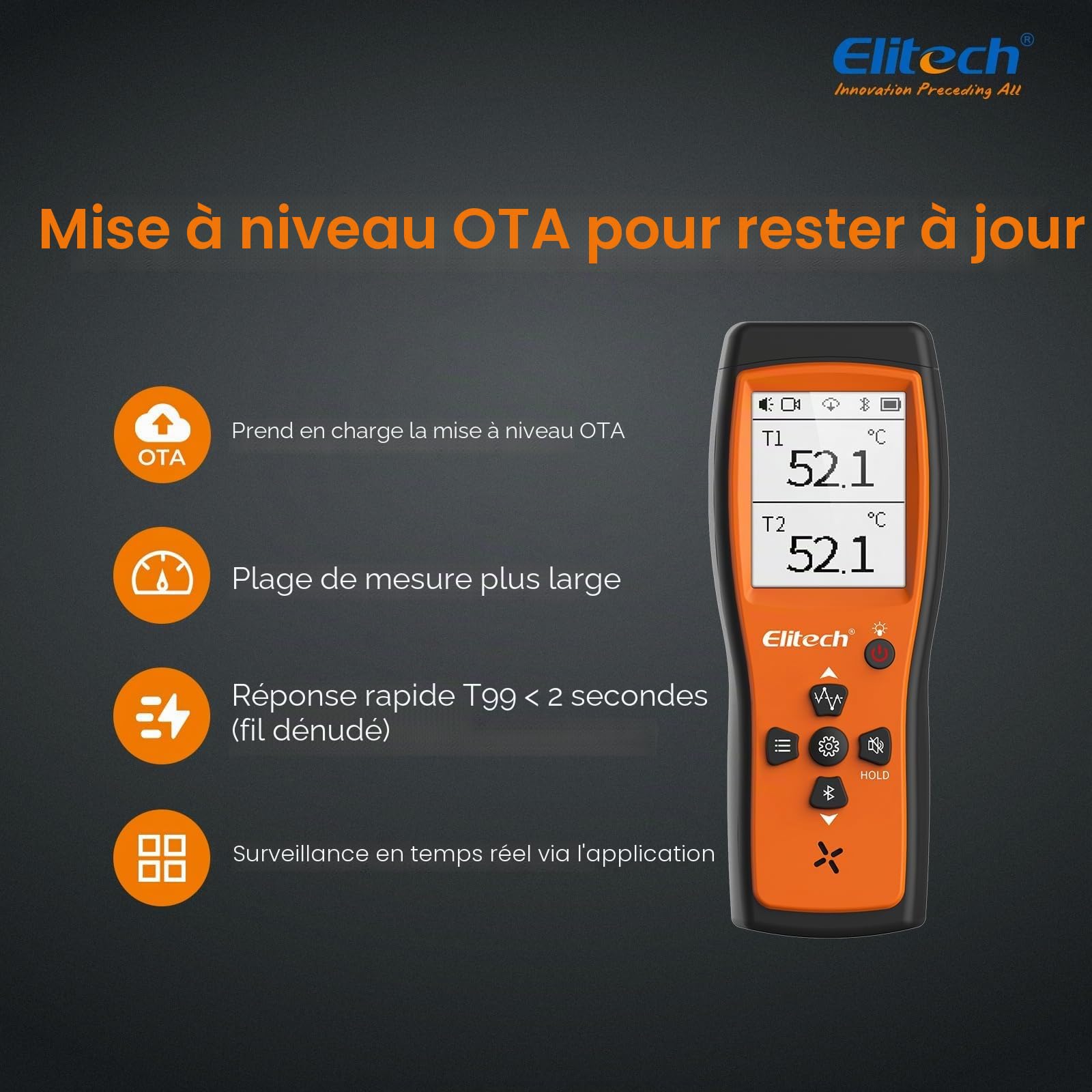 Elitech Thermomètre Thermocouple de Type K Double Canaux avec APP pour CVC Réfrigération Maintenance Automobile et Pompe à Chaleur -50 à 500℃ ICT-220