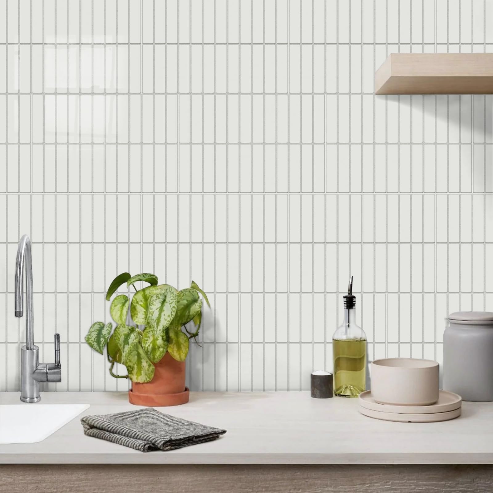 Stick on Kitchen Tiles 17x23 cm Minimalist White Brick Peel and Wall Waterproof PVC for Fireplace Surround Furniture Decoration Tile Stickers Backsplash 10 Pcs