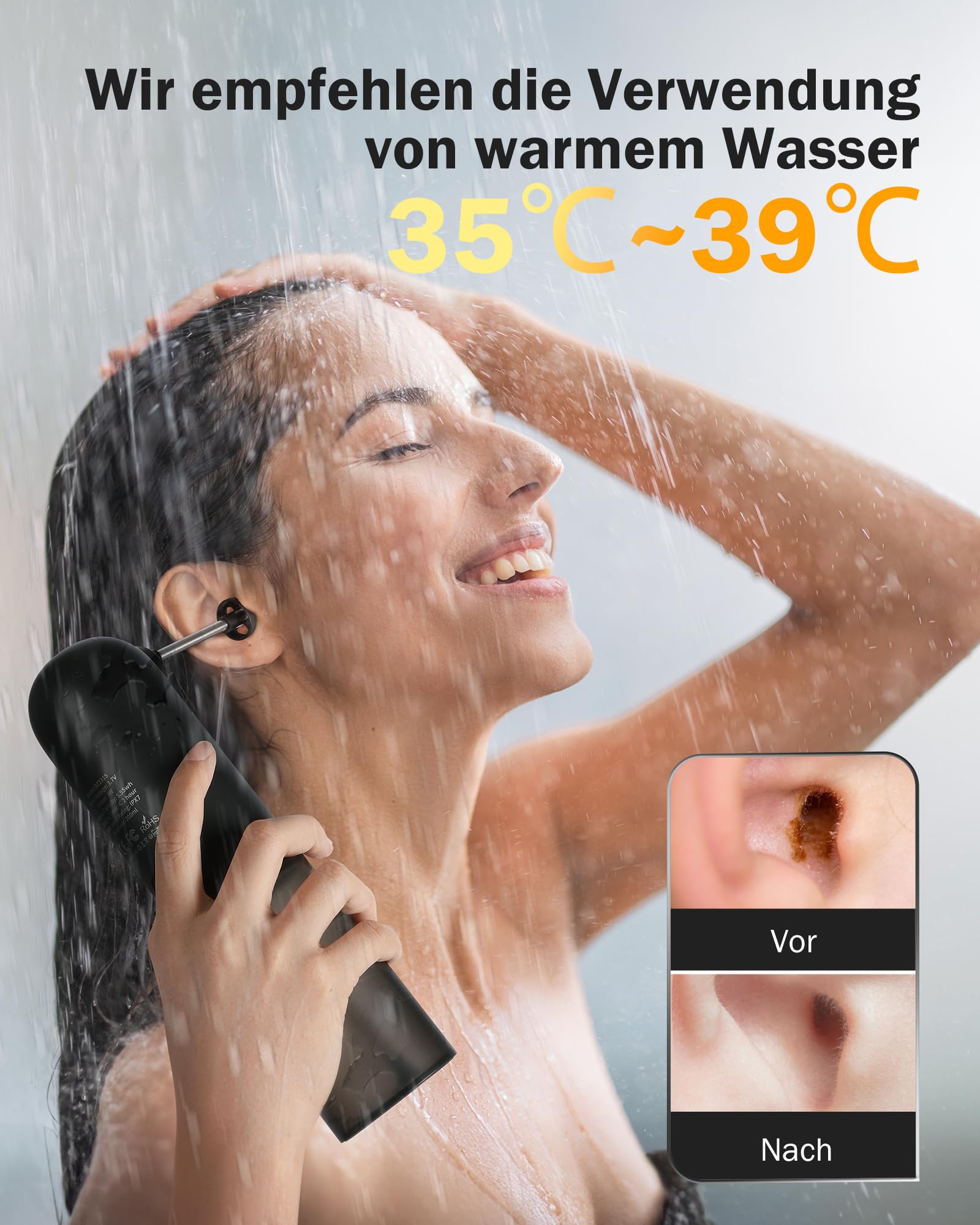 Hommie Ohrenschmalz Entferner, Elektrischer Ohrenreiniger Mit 4 Druckmodi/4 Düsen/Ohrreinigungsset/Becken,IPX7 Wasserdicht für Erwachsene Kind Ohrdusche