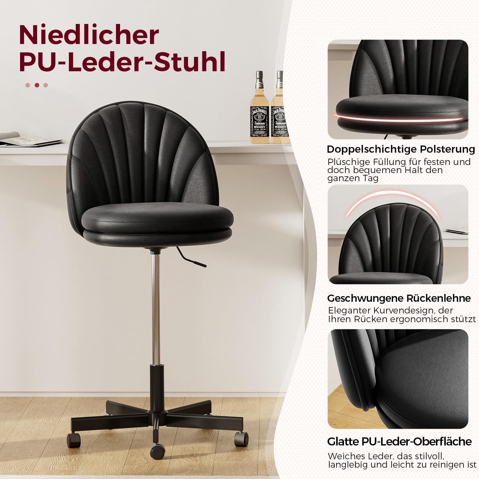 COMHOMA Homeoffice Stuhl, Schminkstuhl, Schreibtischstuhl ohne Armlehnen, Drehstuhl mit Rückenstütze, Bequemer Bürostuhl auf Rollen, Höhenverstellbarer Home Office Stuhl,Kunstleder schwarz