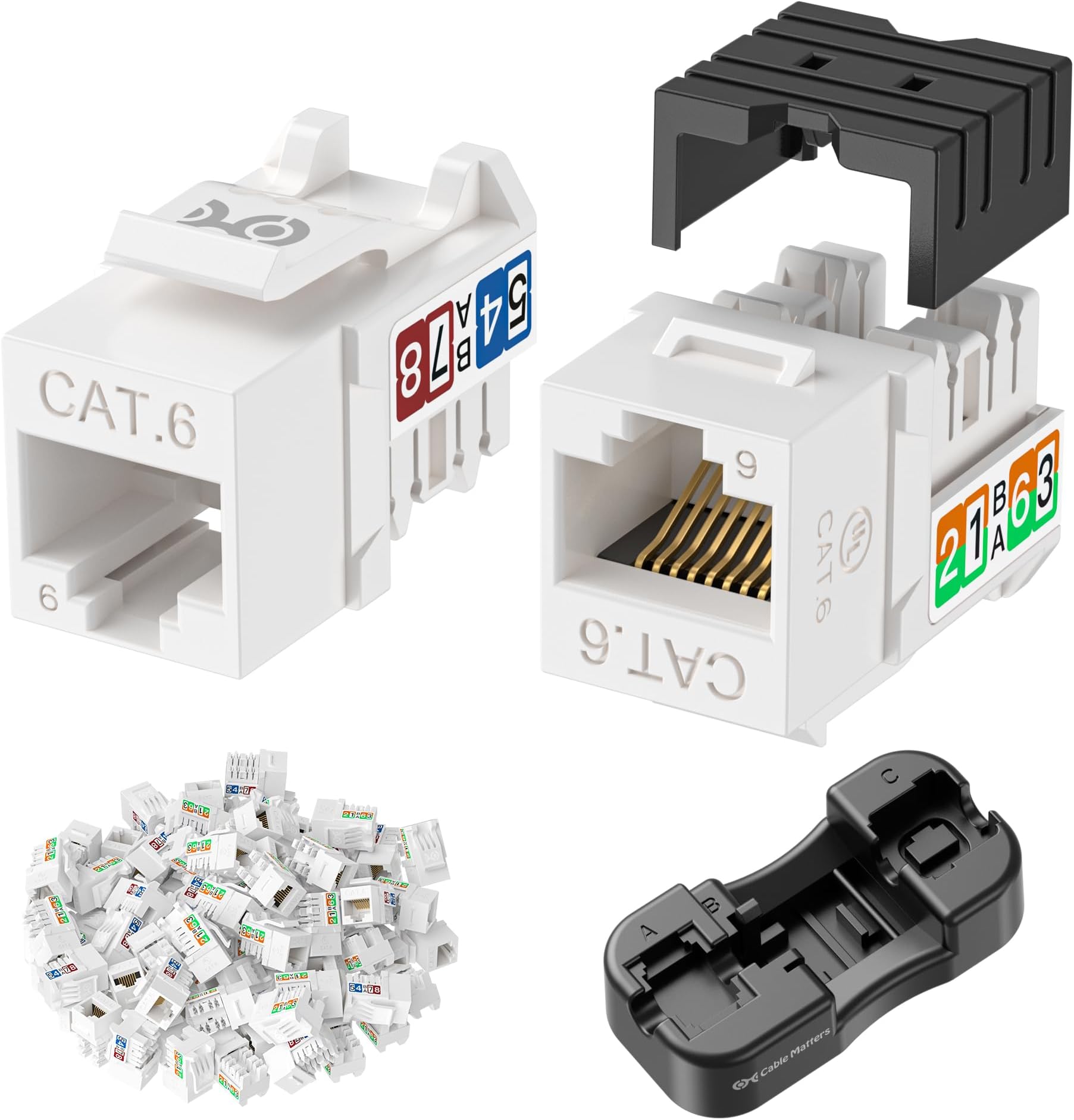Cable Matters [UL Listed] 25-Pack 10Gbps Rapid-Install Cat6 Keystone Jacks, Slim Profile RJ45 Keystone Jack with Punch-Down Stand, Works with Leviton QuickPort Systems, White (Model No. 180070)