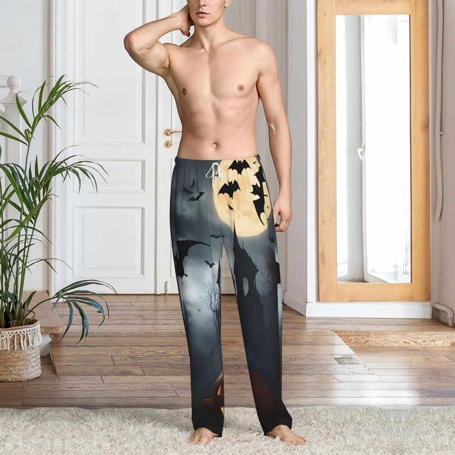 Halloween Flying Bats 4 print Bottoms Pants for Men, Warm Pajama Pants Sleep Lounge Pants Lightweight Sleep Pant Drawstring