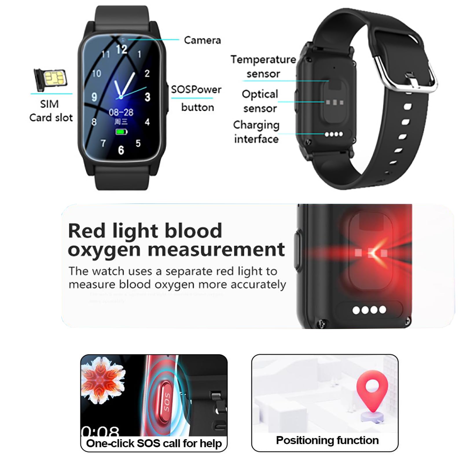 Smartwatch con rilevamento delle cadute, GPS 4G, pulsante SOS, telefono HD, monitoraggio della salute, risposta automatica, promemoria di caduta per anziani
