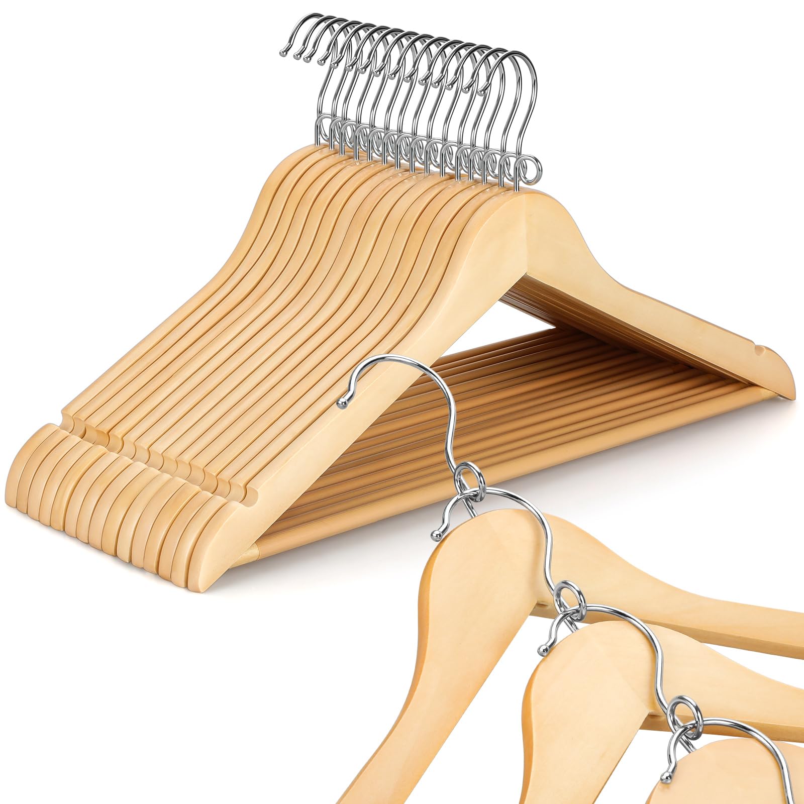 Topia Hanger Space Saving Cascading Wooden Hangers 30 Pack, Coat Hanger with 360° Swivel Loop Hook, Non Slip Pants Bar and Shoulder Notches for Camisole, Jacket, Suit, Clothes Hangers -CT74N30