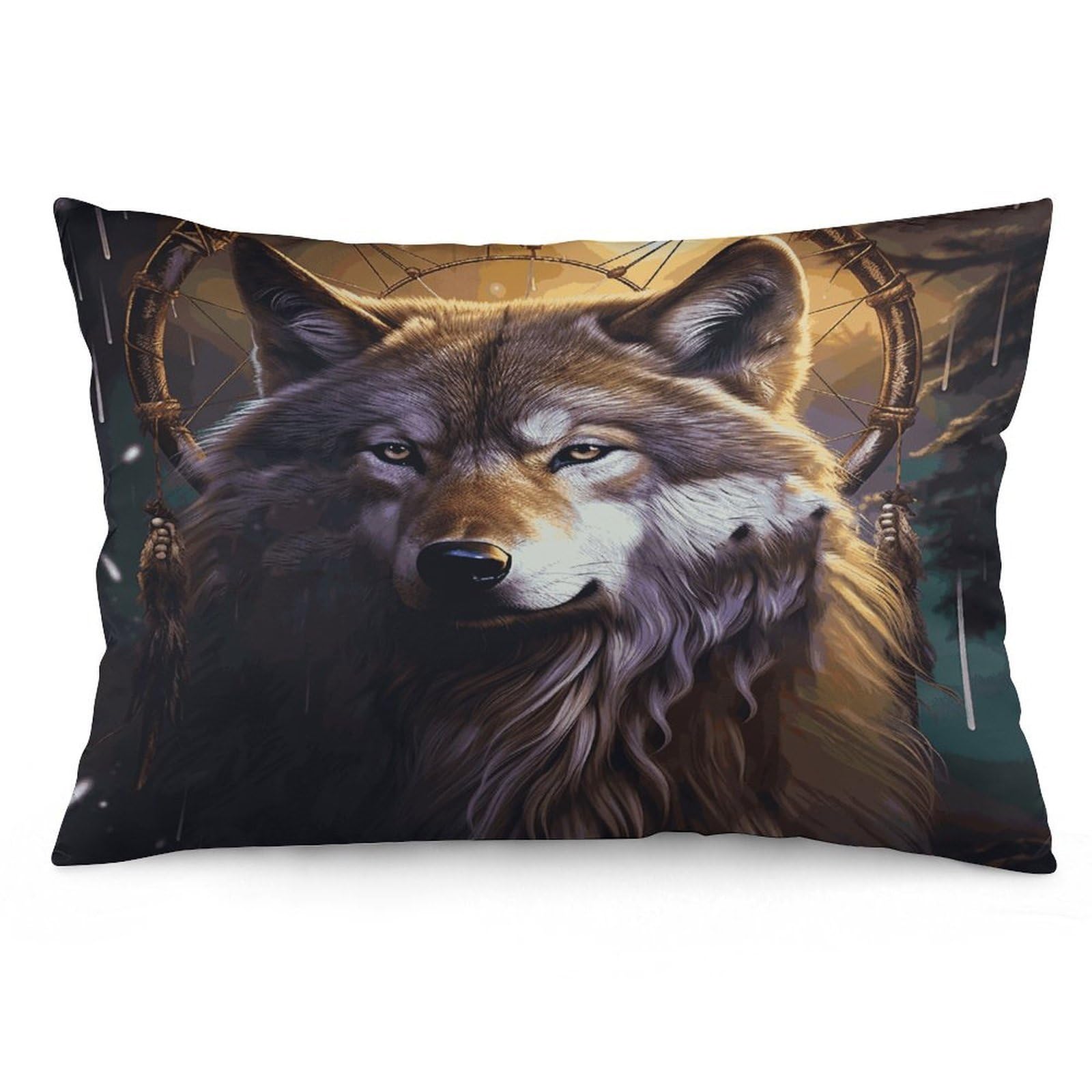 Wolves and Dream Catchers Throw Pillow Covers with Silent Zipper Polyester Pillow Protectors Removable Pillow Cases Soft Pillowcase Cozy Pillow Sham Cushion Cover for Sofa Car Bed 16 "x24