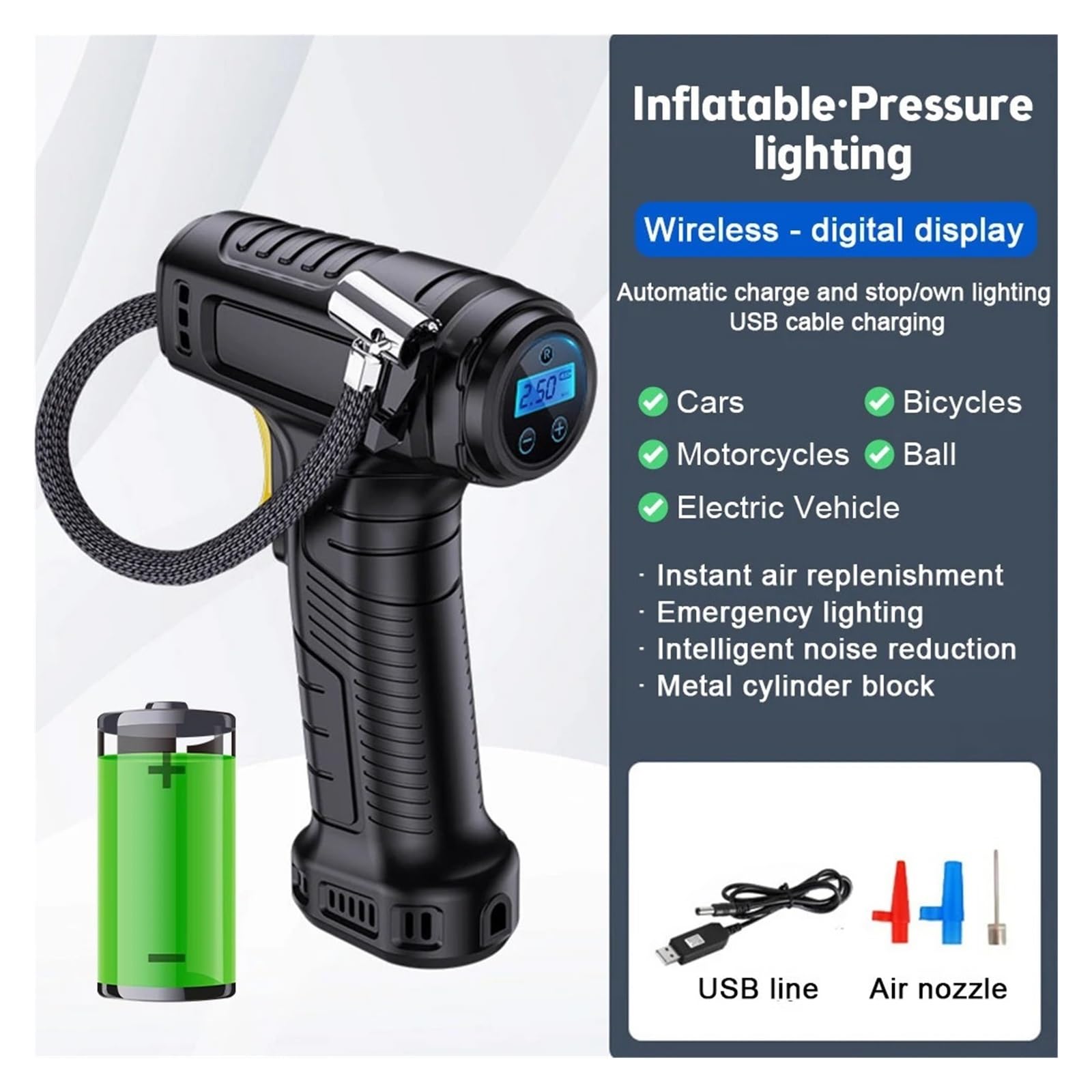WAFOHSR Compresor De Aire Portátil De 120W, Bomba De Aire Inalámbrica/con Cable For Coche, Inflador De Neumáticos Portátil, Compresor De Aire Digital For Inflar Neumáticos FáCil De Usar(Wireless) — view 2