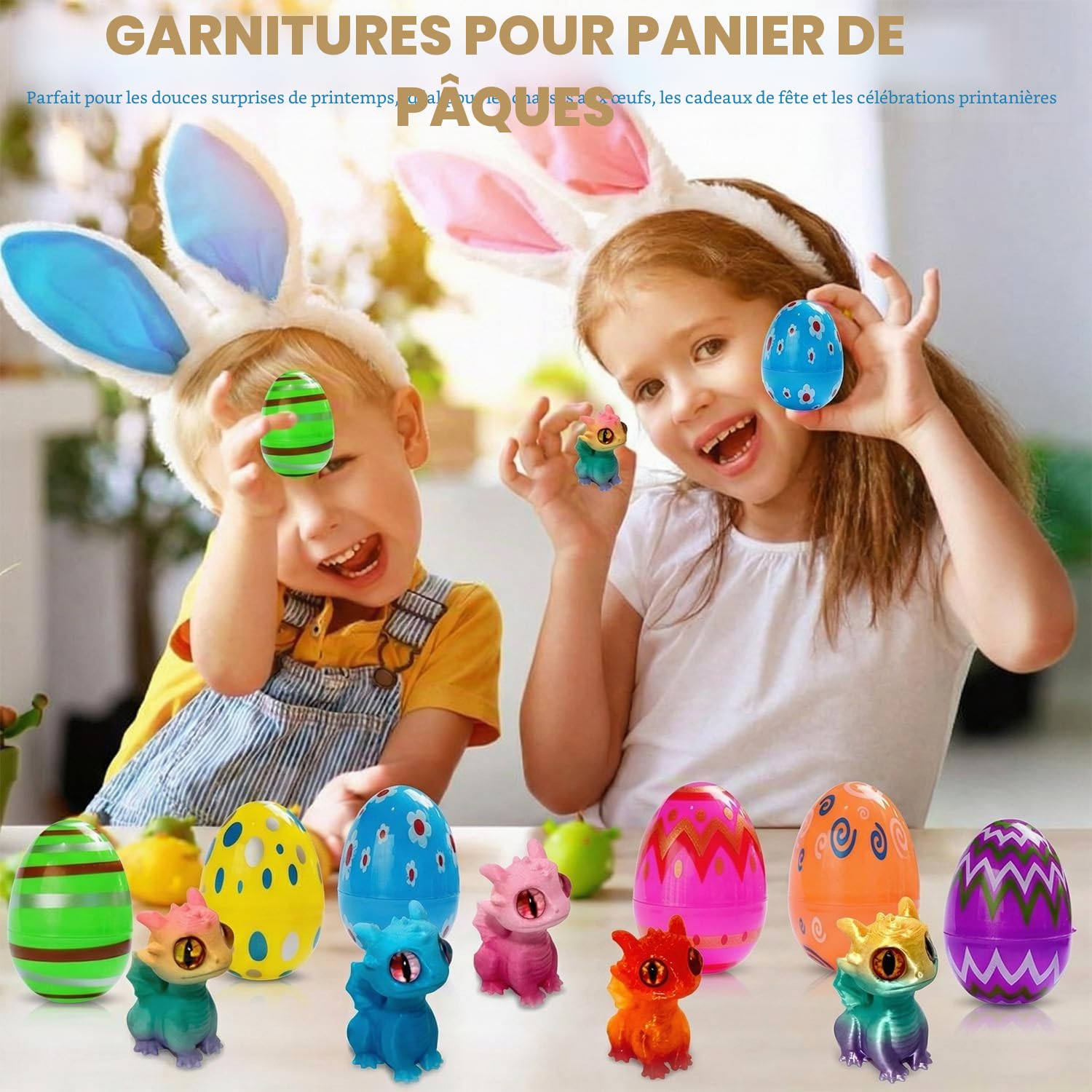 Œufs de Pâques avec Dragons 3D – Lot de 12 Œufs Réutilisables Préremplis, Figurines Dragon Colorées pour Enfants, Chasse aux Œufs & Cadeaux de Fête