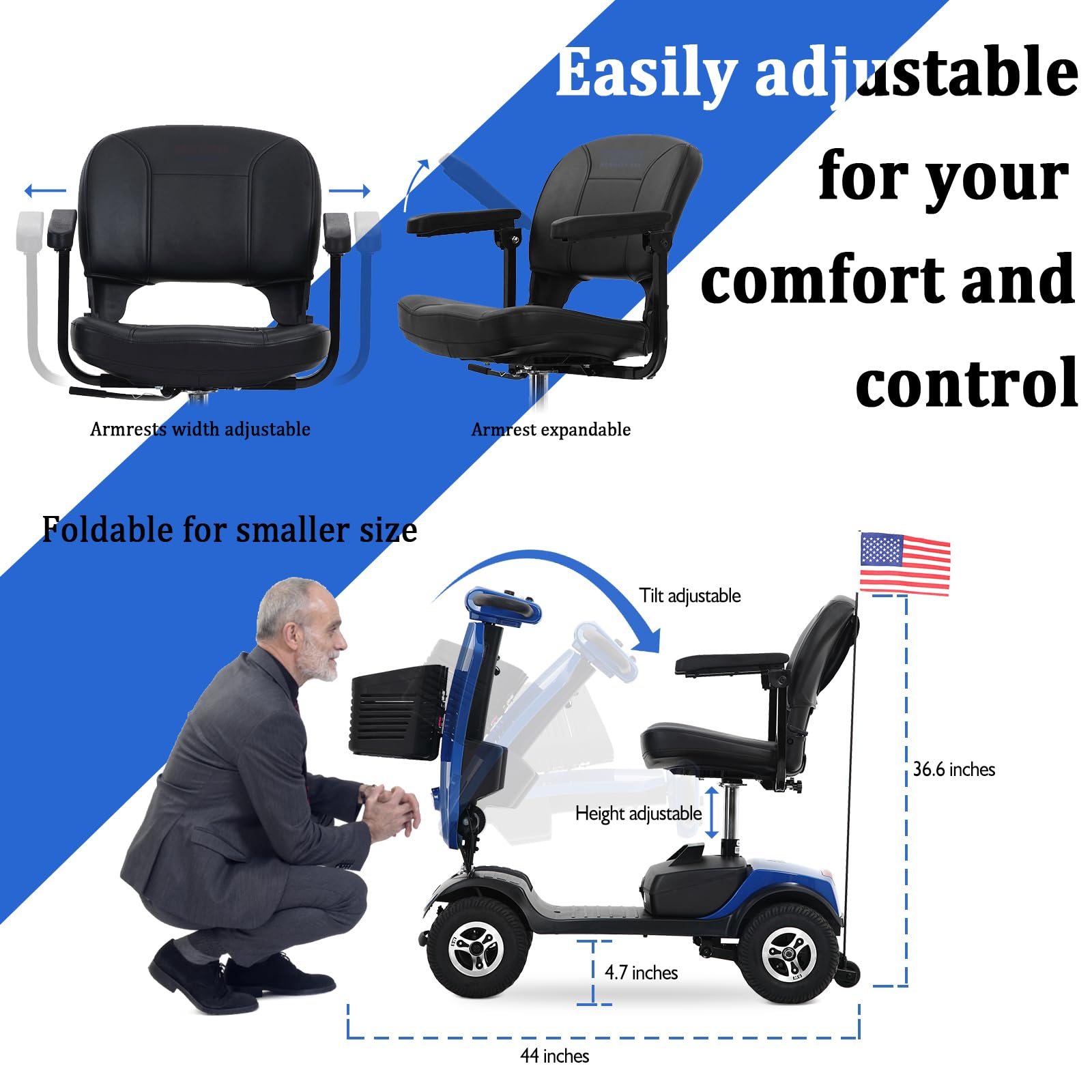 4 Wheel Mobility Scooter Foldable Mobility Scooter for Adults & Seniors 300 lbs Capacity Compact for Travel Long Range Power Extended Battery with Charger Basket and Front LED Light -Blue