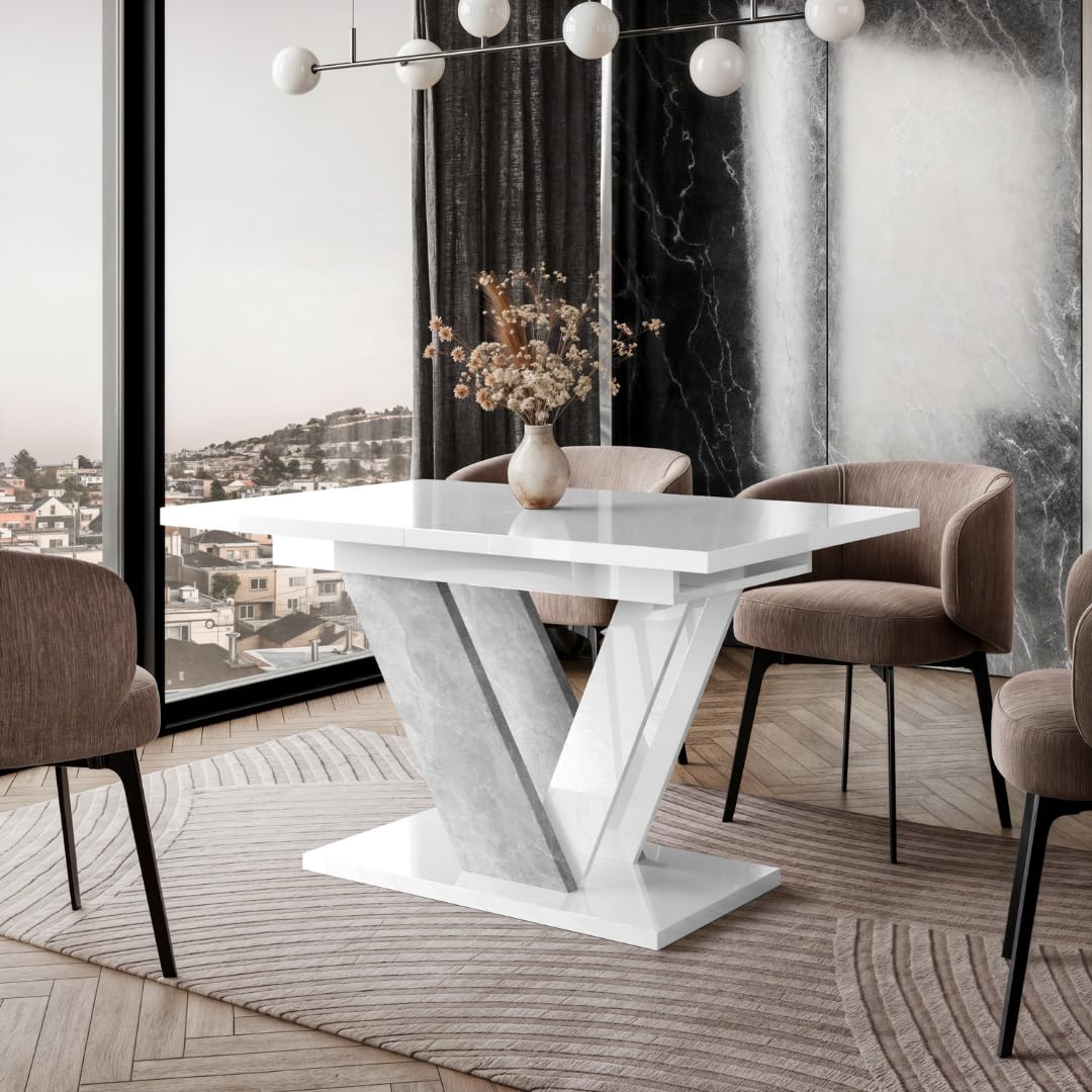 Dubai Eleganter Ausziehtisch 120-160x80 cm Großer Esstisch Loft Stil Weiß Hochglanz Betonoptik
