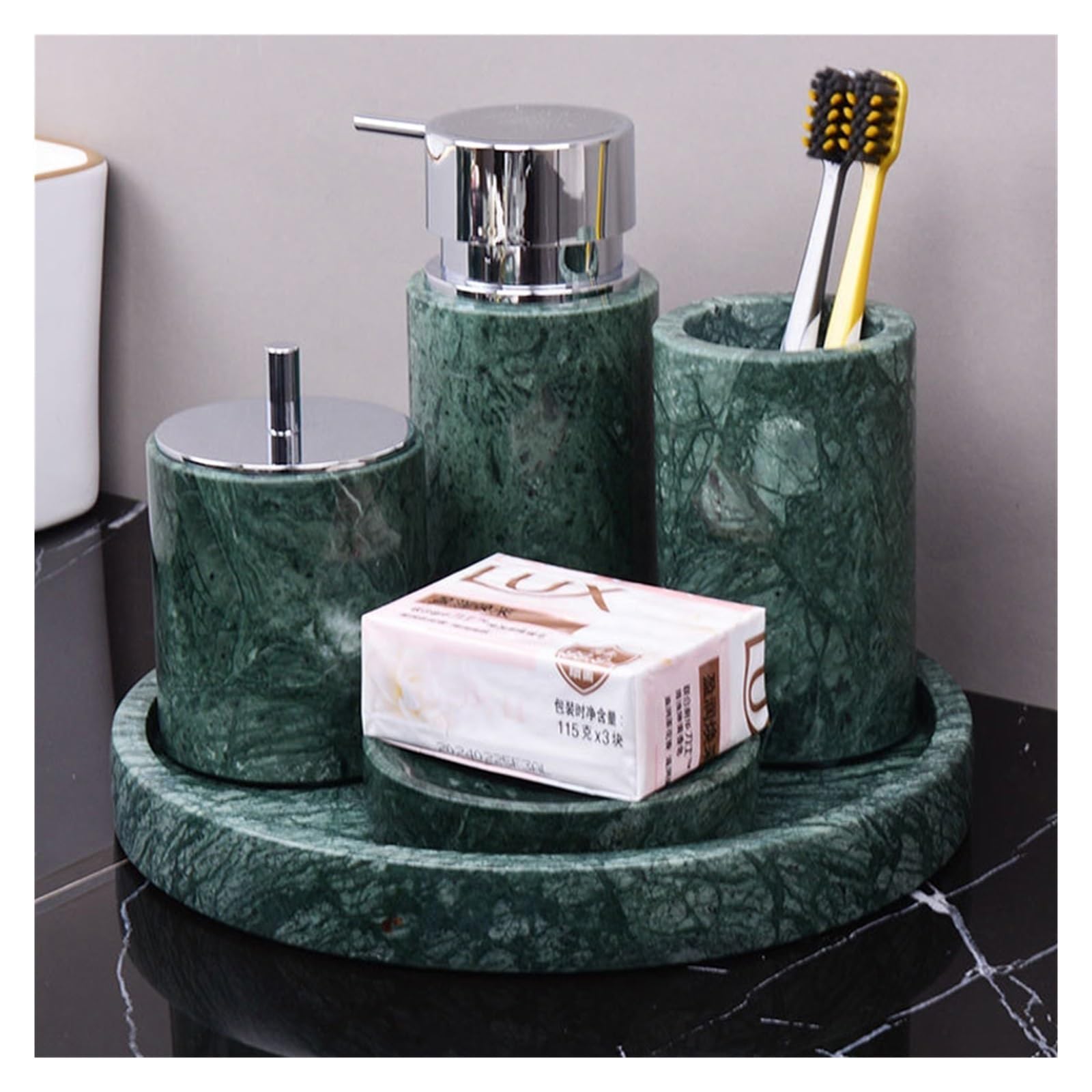 Set baño Juego de baño mármol Natural Verde Oscuro con Bandeja Lujo Clara, Soporte for Cepillo Dientes, Kit dispensador jabón(Soap Dish B)