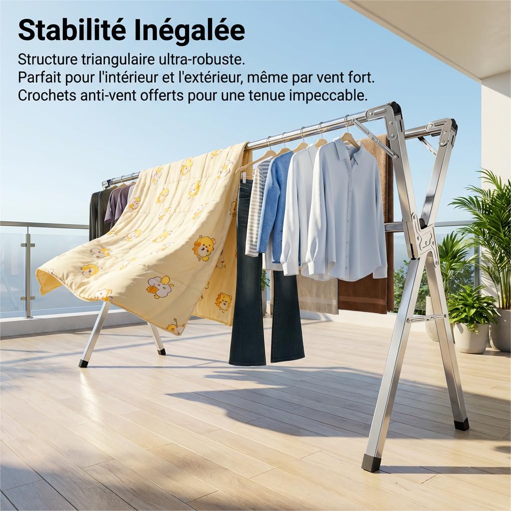 Étendoir à Linge Pliable INOX Type tancarville, etendoir Linge Interieur et Exterieur, sechoir a Linge reglable 140–240 cm, Grande capacite, Jusqu’à 60 kg par Barre, avec 40 Crochets Coupe Vent