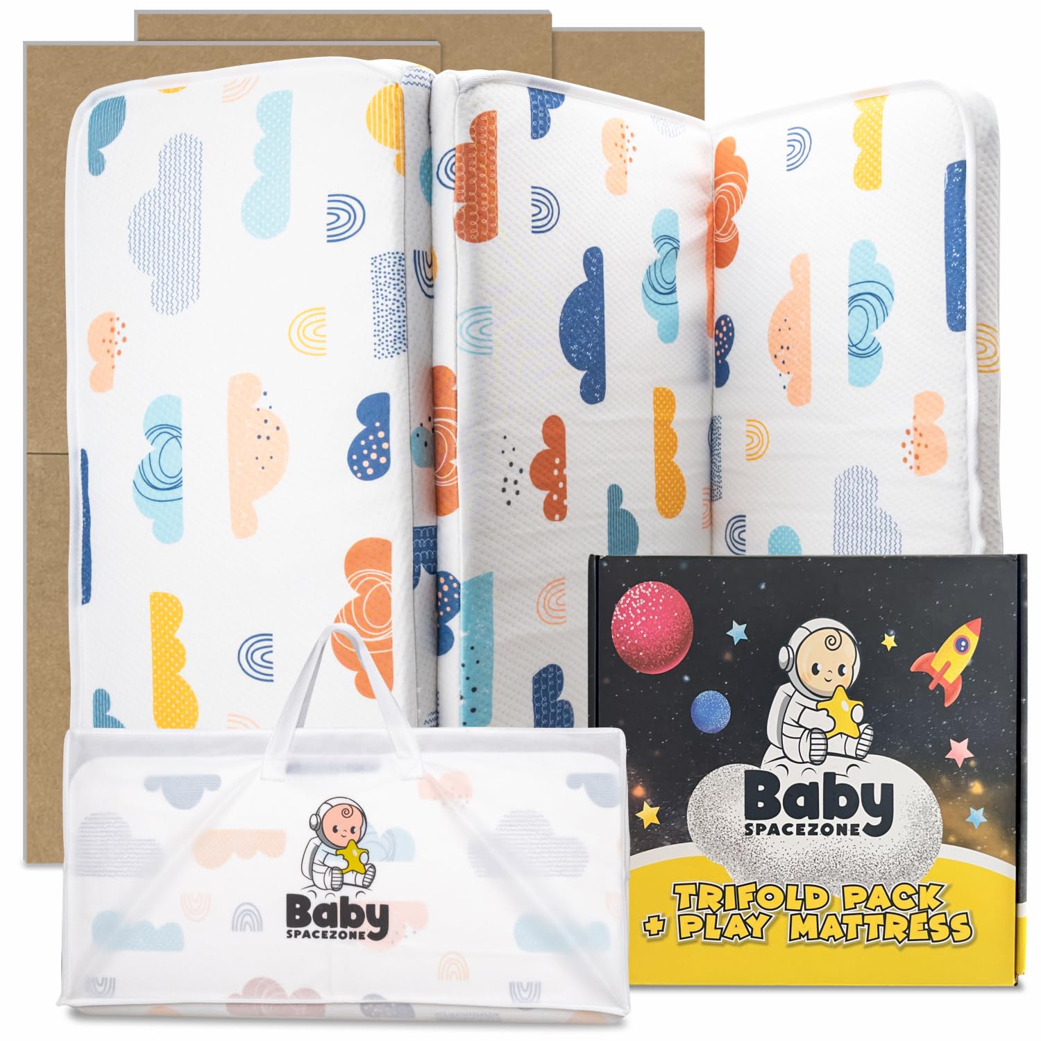 Pro Trifold Pack and Play Mattress Topper Fits 38"x26"x1.5", Premium Back Support Plank, D.O.M and Graco Pack n Play Mattress Pad Straps, Waterproof Cover, Portable and Foldable Play Yard Mattress Pad