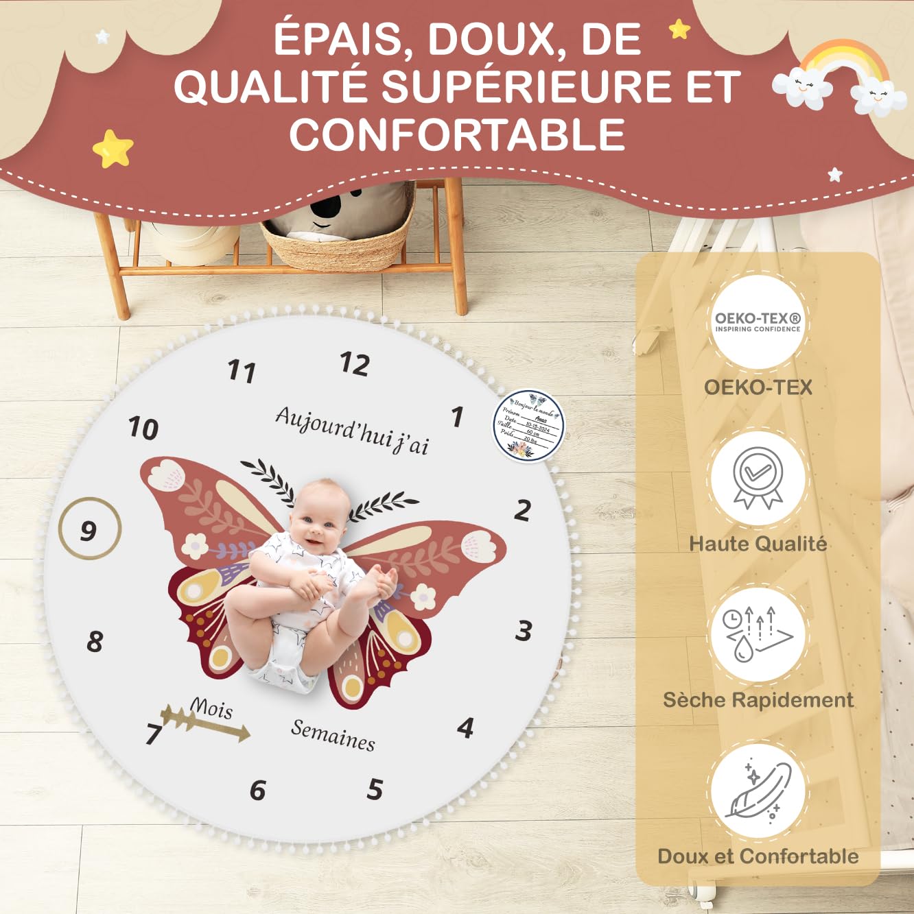 Couverture Etape Bébé en Français- Tapis Photo Bebe Rond 12 Mois Fille, Garçon- Unisexe Papillon Tapis Bebe Mois- Cadeau Naissance Baby-Shower Future Maman+ Carte Bois Personnalisé. (Rose)