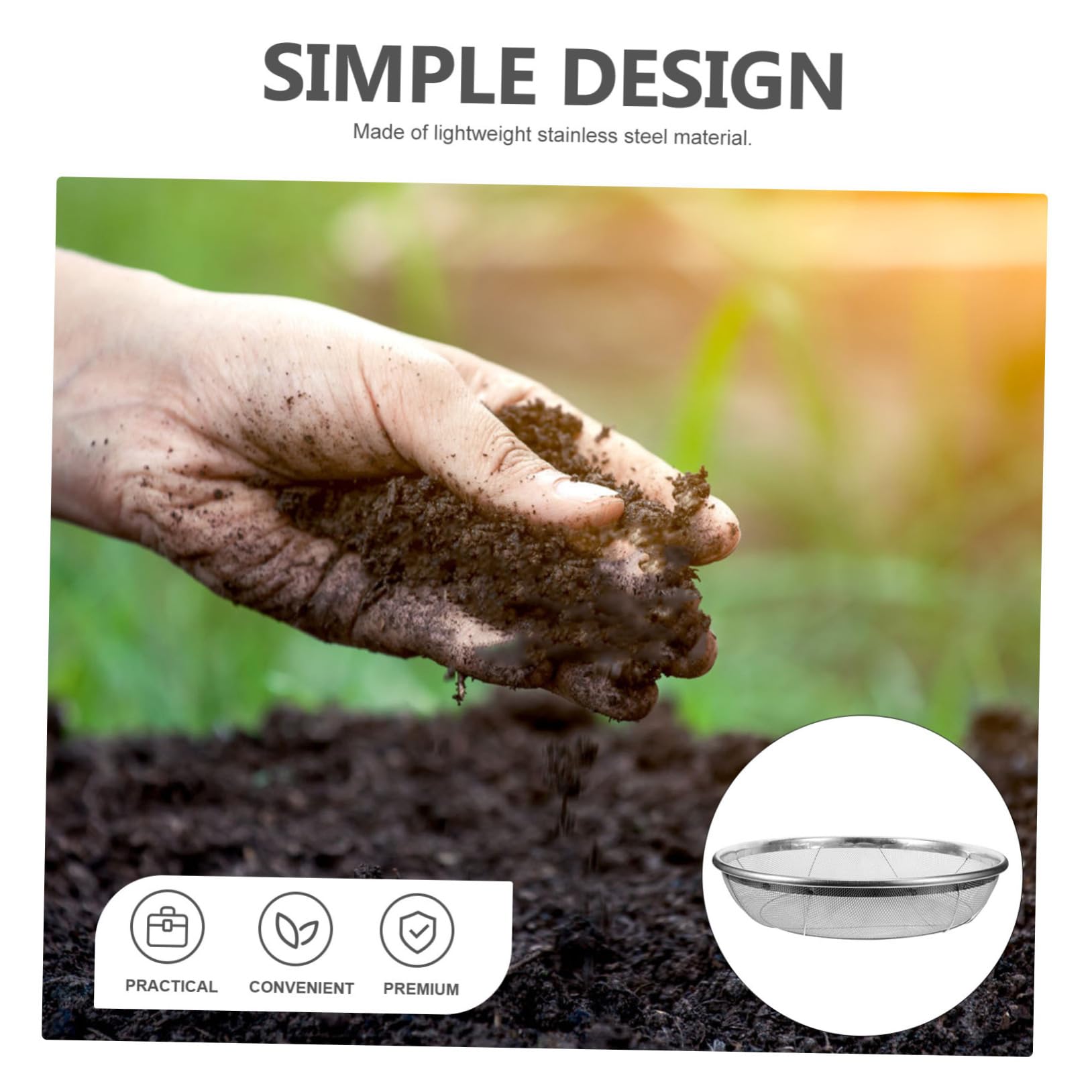 HANABASS Setaccio in Acciaio Inox per Giardino, Strumento Manuale per Setacciatura Terreno Maglia 2mm, Filtro per Rocce e Detriti, Utensile per Piantumazione e Cura del Prato, Facile