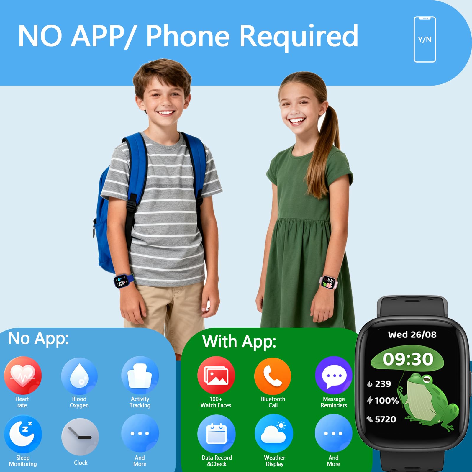 Smart Watch per bambini con Find My (solo iOS), orologio fitness tracker touch screen da 1,83", 80 contapassi, contacalorie con giochi di puzzle per ragazzi e ragazze 7-10 con/senza app, PL