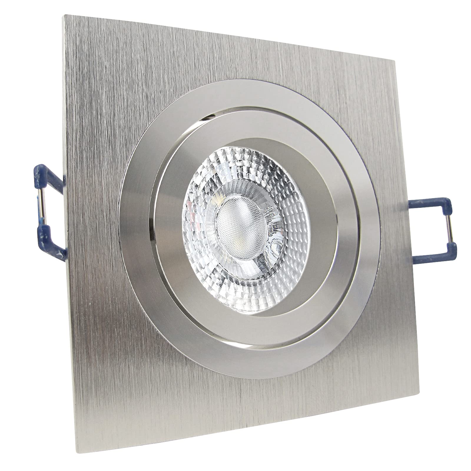 trendlights24 Noble LED Decken Einbaustrahler Alu Silber 7W dimmbar 5er Set | Einbauleuchte, eckig, LED Spots, GU10, 50° Abstrahlwinkel, Warmweiß, 3000K, Spot, austauschbar, Deckenspots, schwenkbar
