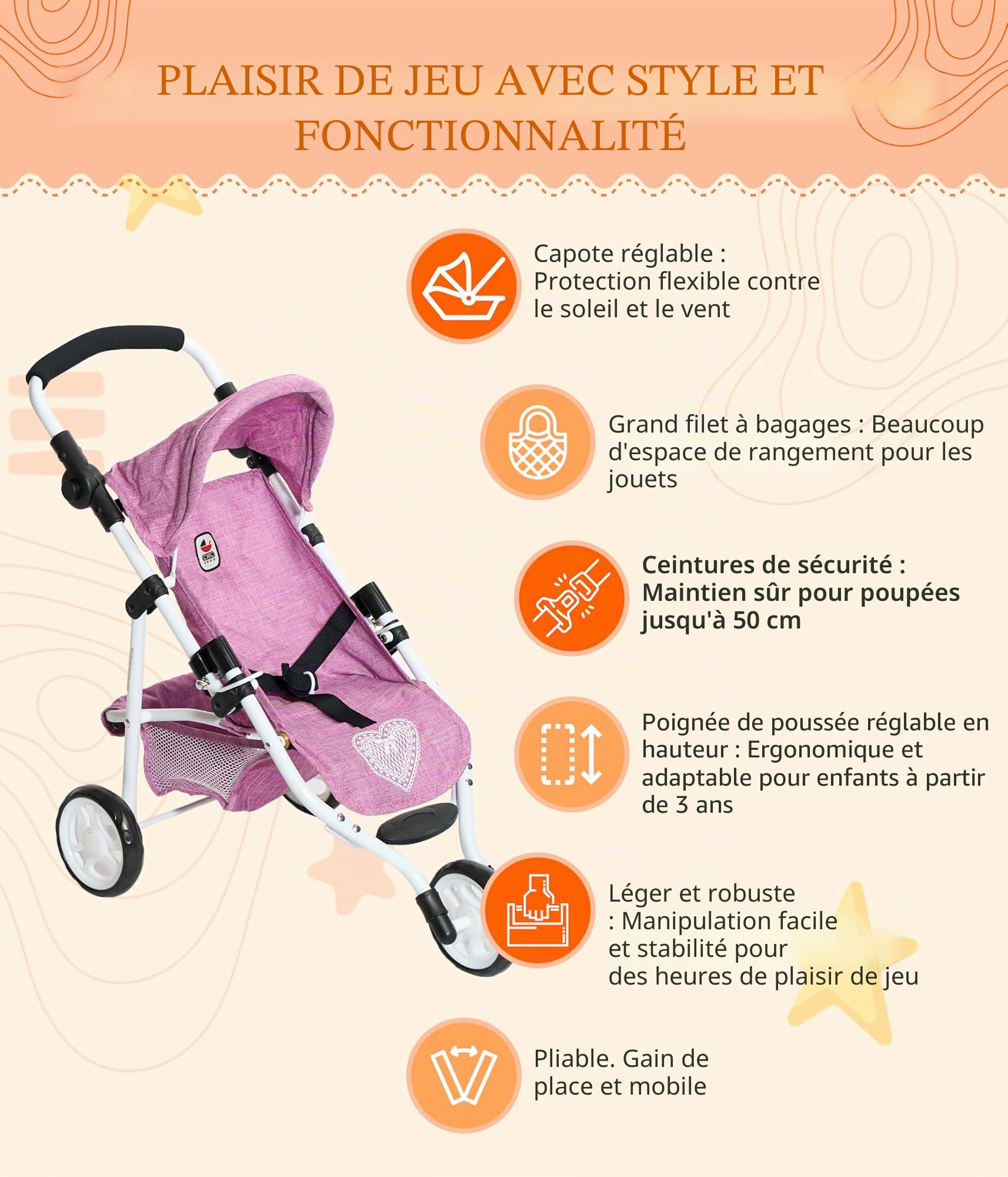Bayer Chic 2000-61215 - Poussette de poupée Lola - Jogging - Poussette de poupée - Mélange gris/rose - 50 cm - 70 x 33 x 62 cm