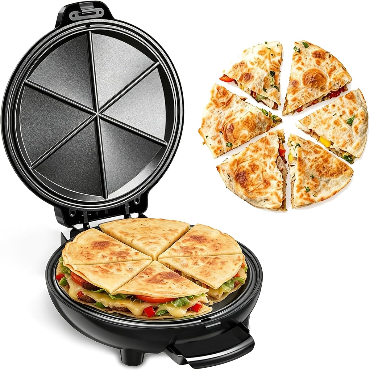 Quesadilla Maker 10 Inch, 900W Dual Heating, 6 Wedges in 3 Mins, Nonstick Plates Easy to Clean, Locking Latch, Safe & Steady, Black