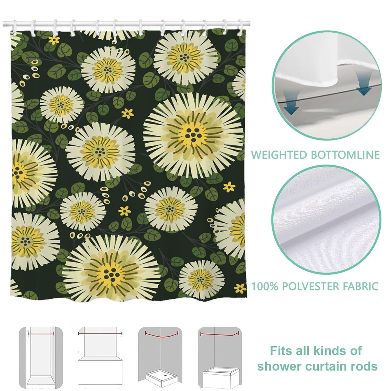 Duschvorhang 240x200 cm Gelb Shower Curtains Grün mit Gewicht und 12 Plastik Haken, Anti Schimmel Wasserdicht, Waschbar Schnelltrocknender Polyester Stoff, Dekorative Vorhang für Bad Badewanne 6H-277