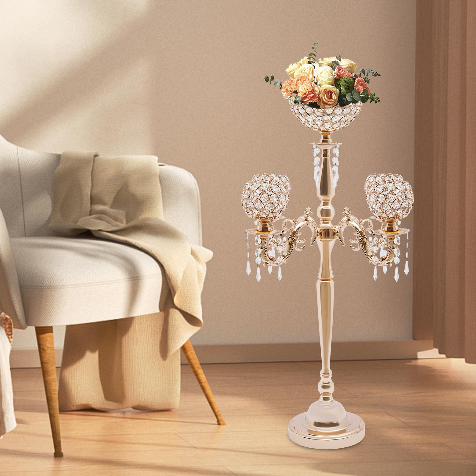 Gold/Sliver 5 Arm Crystal Floor Candelabra Wedding Table Centerpieces,35 Inches Tall Candlesticks Candle Holder Stand for Dinner Room Party Events Christmas Decoration (Gold)