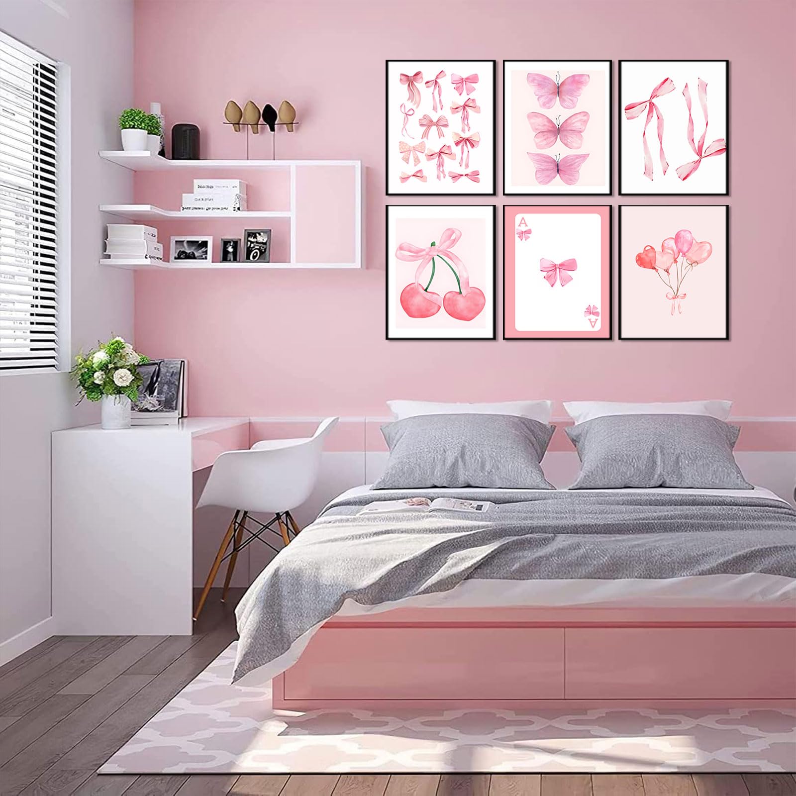 CSLGQGV Archi rosa alla moda arte della parete preppy acquerello rosa chiaro fiocchi su tela stampe carino girly estetica decorazione della parete