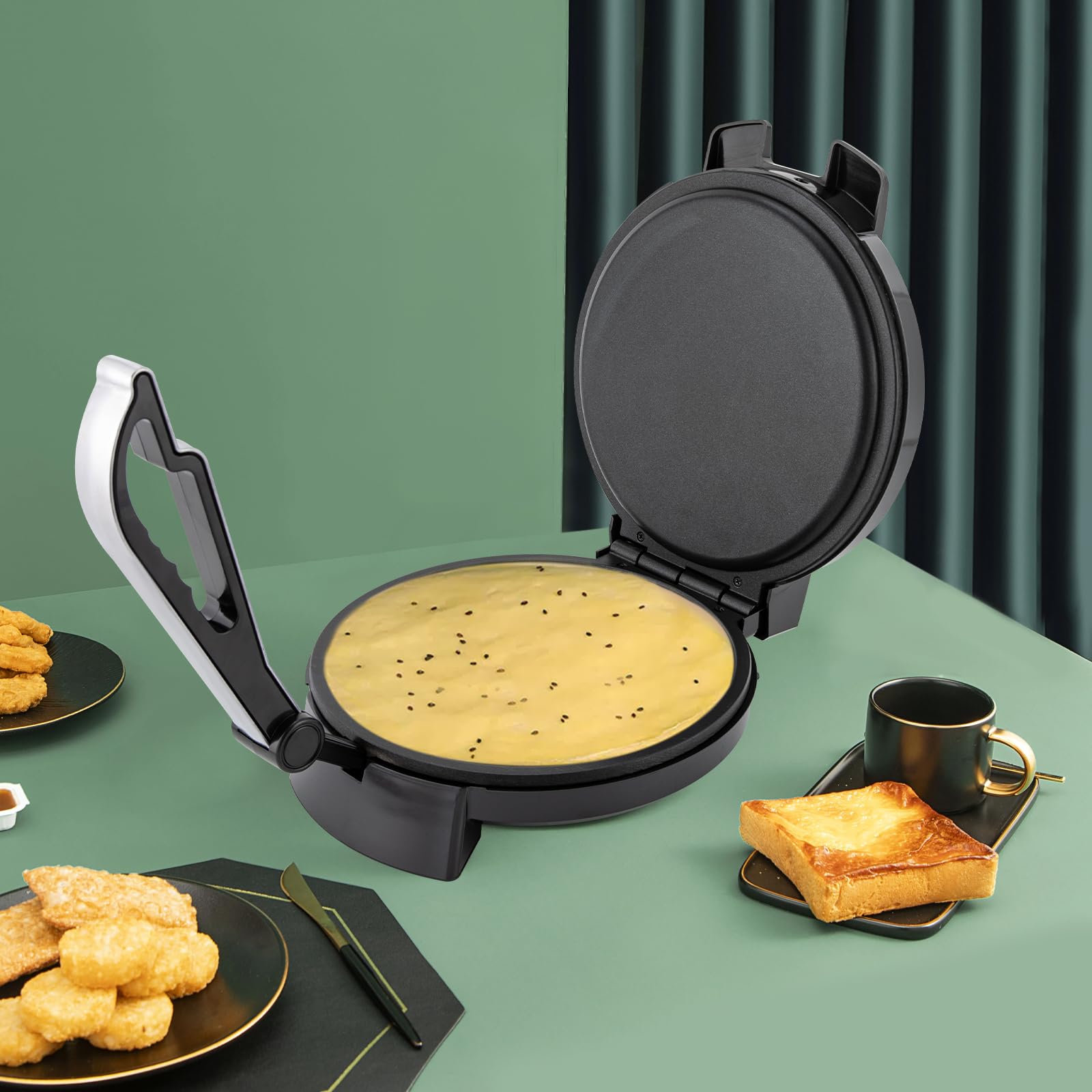 Chapati Roti-BäCker Électrique, 1200 W, double face, chauffante, plaque antiadhésive, température réglable jusqu'à 500 °C, pour crêpes, pain plat, compact, cuisine, plan de travail, famille, débutant