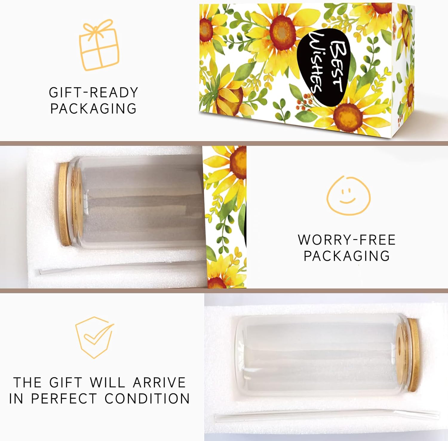 Birthday Gifts for Women, Initial Glass Cups w Lids and Straws, Sunflower Gift for Women, Personalized Gift, 16oz Glass Tumbler Cups W/Straw Lid, Monogrammed Birthday Gifts for Her Mom - M - Image 4