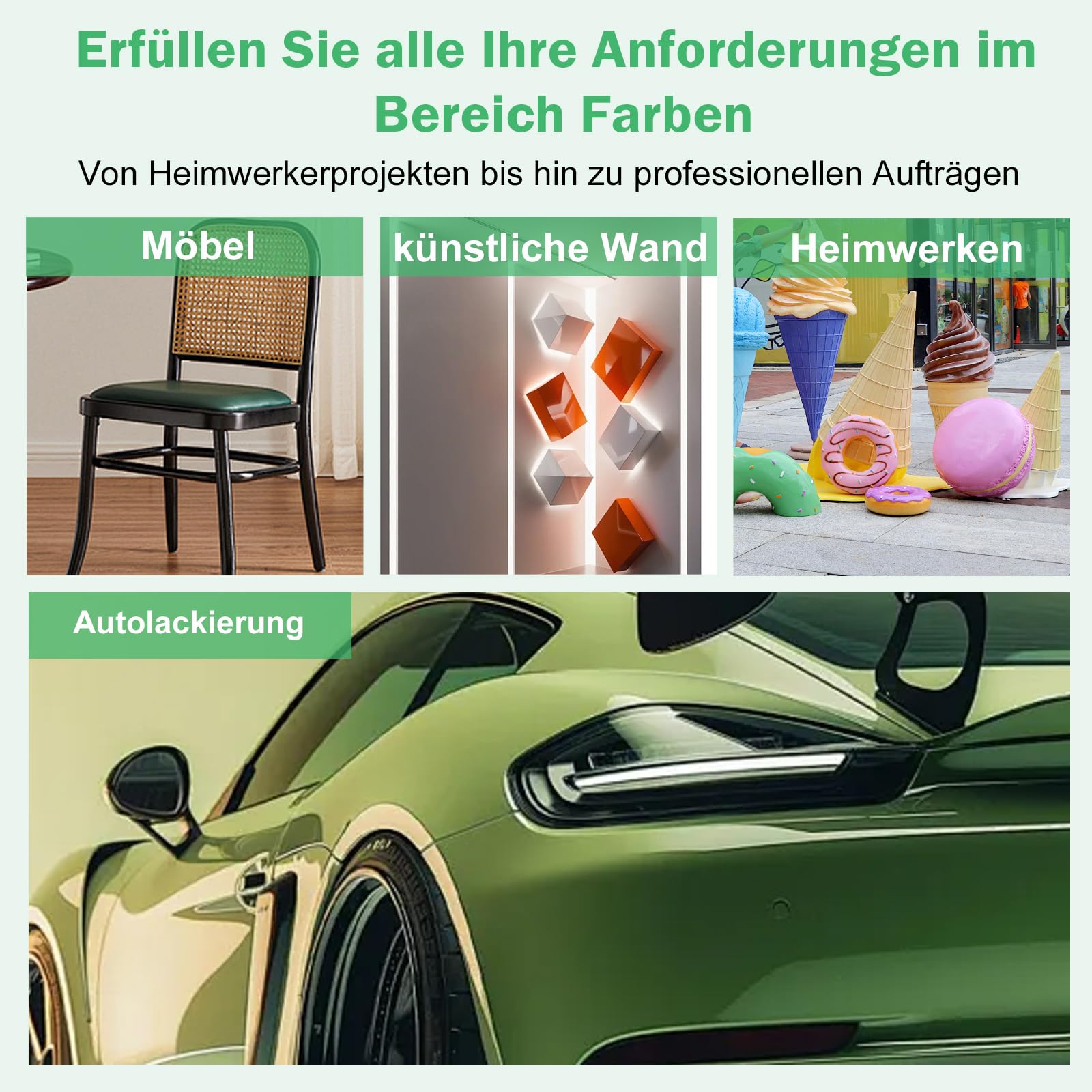 RRJ HVLP Lackierpistole Spritzpistole Kit mit 3 Düsen 1,4/1,7/2,0mm & 20 Unzen (650 ml) Einweg-Farbspritzpistolenbecher, Farbpistole Lackierpistole Druckluft, für Möbel, Wand, Zaun, Türen, DIY (Grün)