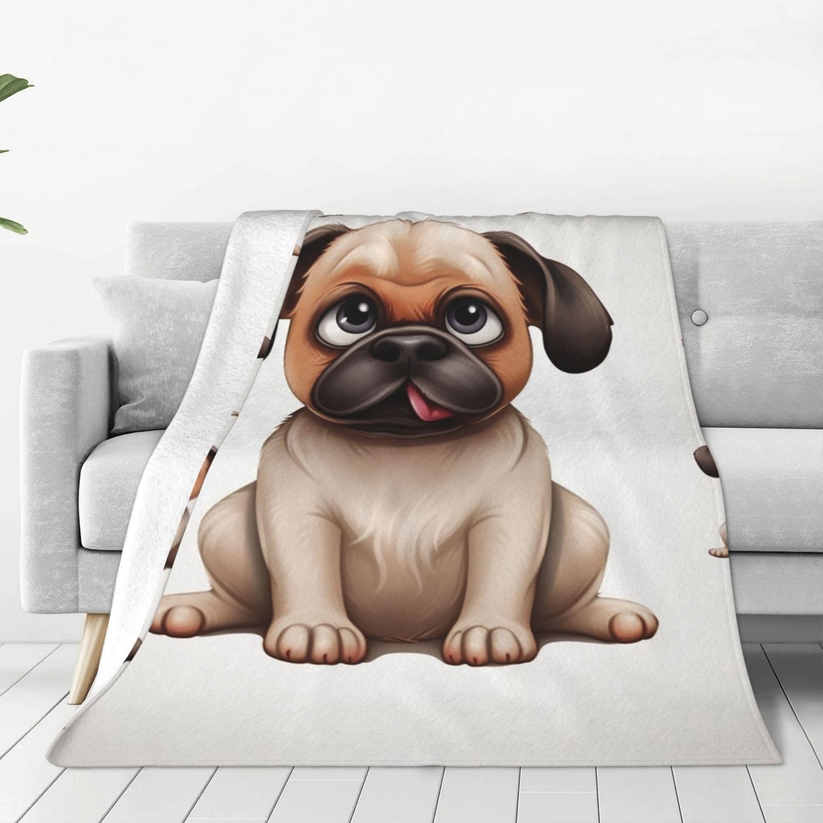 Cartoon Pug Throw Blanket for Couch, Plush Fuzzy Soft Flannel Blankets and Throws for Sofa, 50"x40" Bed Blankets for Travel Camping Chair, All Season Warm Fleece Blanket