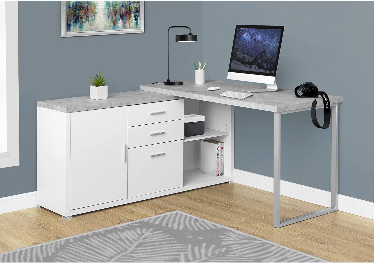 Monarch Specialties Computer Desk - 60"L White / Cement-Look Left/Right Face