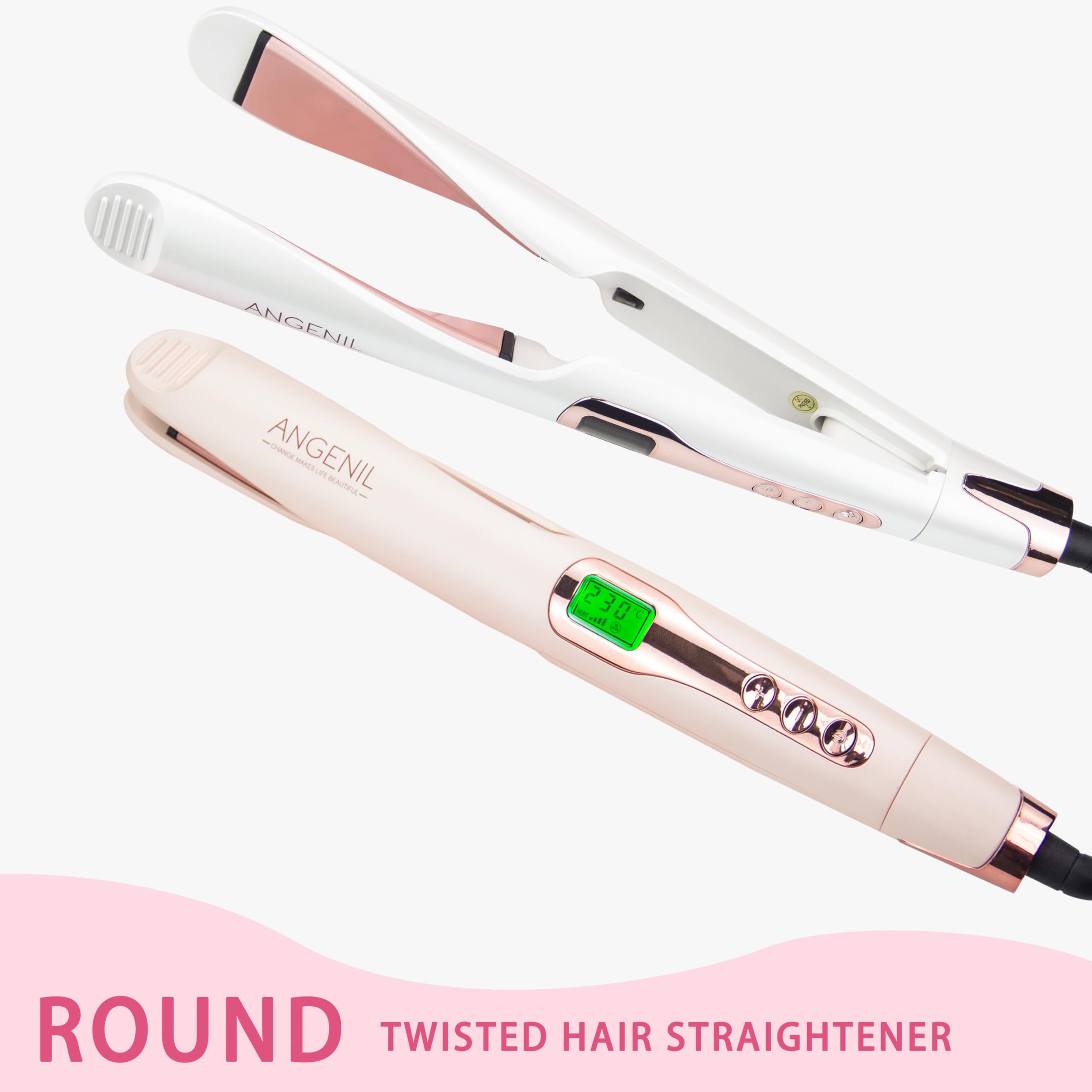 ANGENIL Lisseur Ceramic Twist pour femmes, lisseur et fer à boucler 2 en 1 pour lisser, boucler, onduler, fer à lisser rond rose double tension avec tapis en silicone résistant à la chaleur