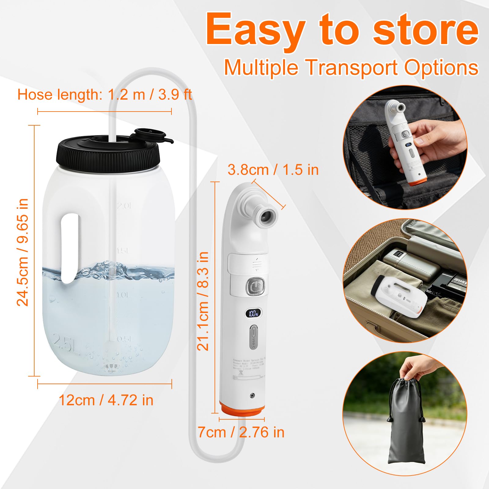 Douche portable de camping - Réservoir d'eau de 2,5 l avec deux buses - Douche de bidet électrique - Jet d'eau réglable USB-C - Rechargeable - Idéal pour les personnes âgées, les femmes enceintes et