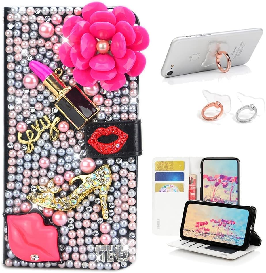 STENES Bling Wallet Phone Case Compatible with LG Stylo 5 / Stylo 5V / Stylo 5 Plus - Stylish - 3D Handmade Camellia Flowers Crown Bowknot Leather Cover with Ring Stand Holder [2 Pack] - Black&White