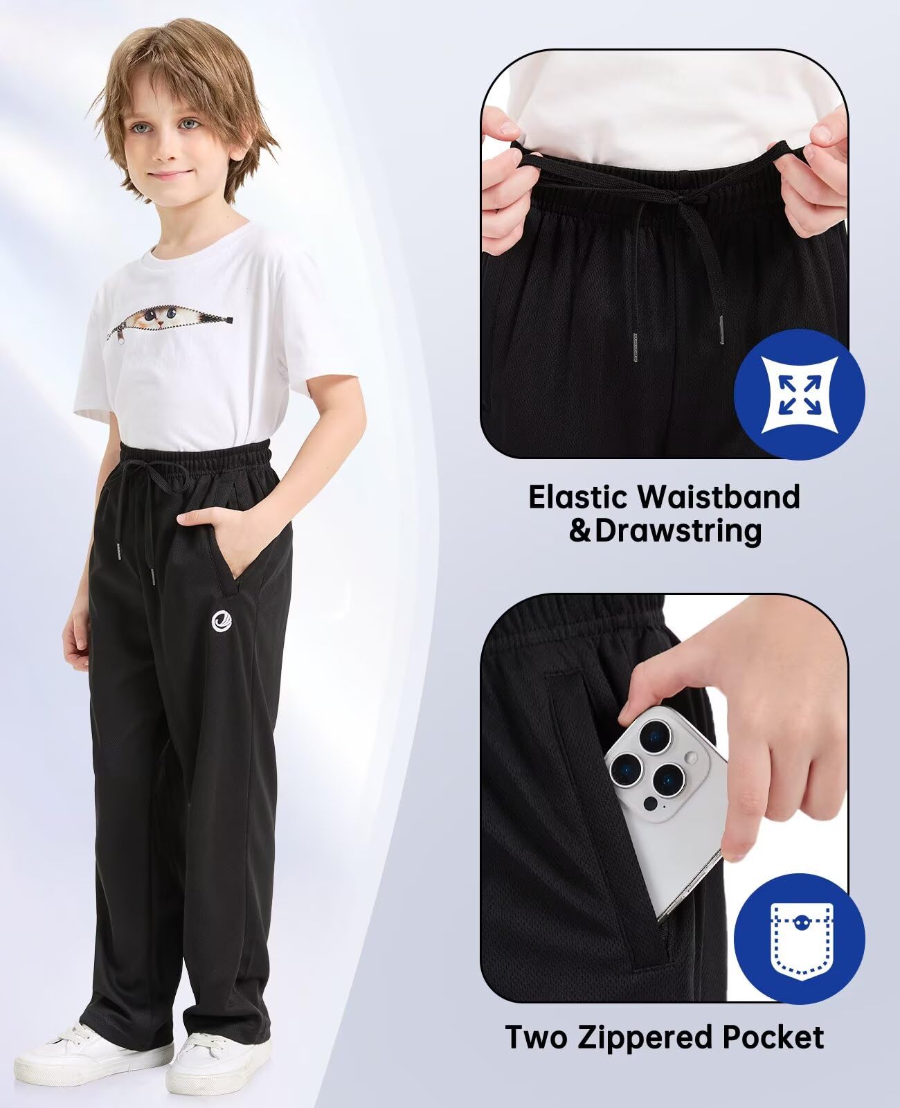 OCYMA Pantaloni sportivi da ragazzo con tasche con cerniera, confezione da 5, pantaloni sportivi in rete per ragazzi 5-24