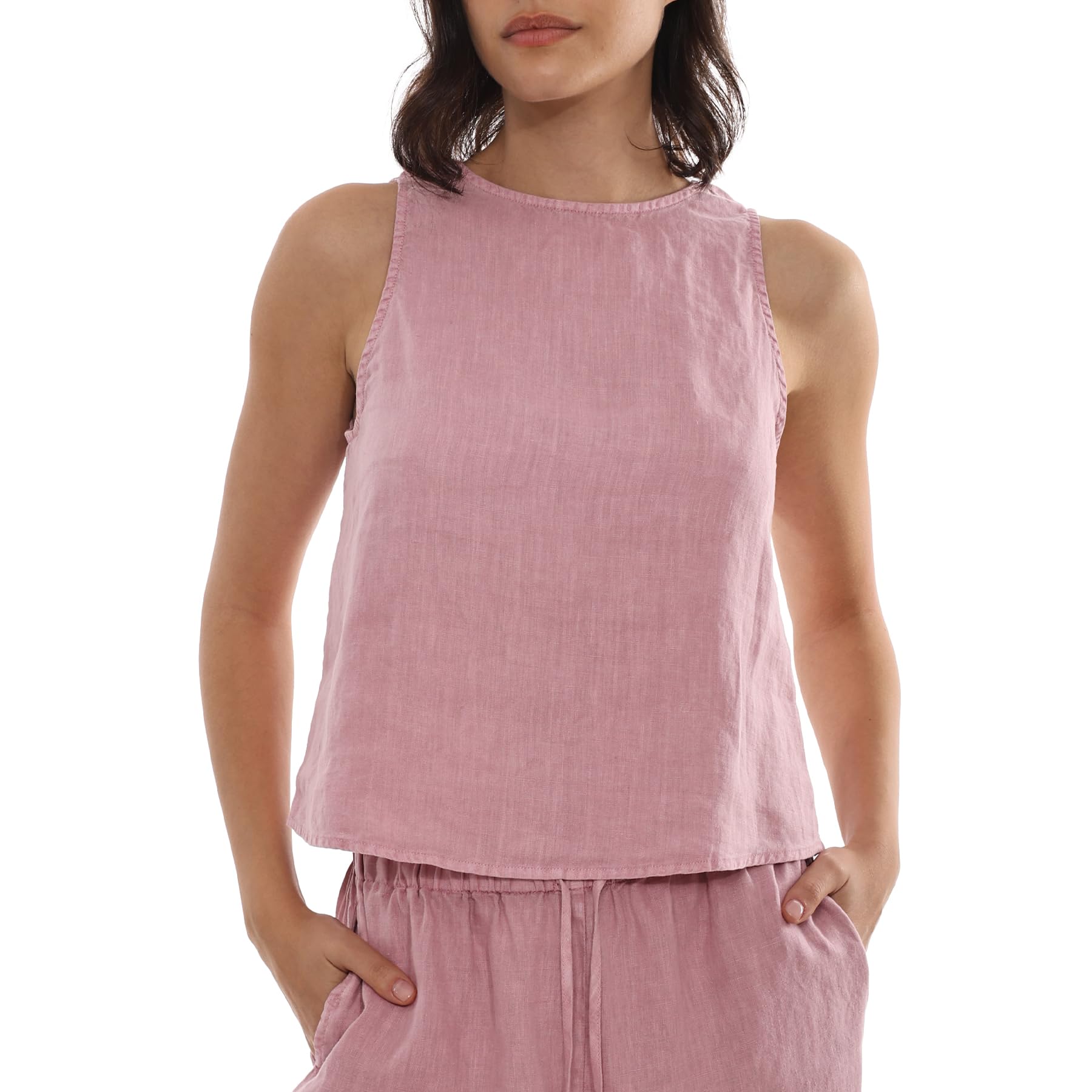 Amazhiyu Camicetta da donna in 100% lino, casual, estiva, senza maniche, scollo rotondo, tinta vegetale, per taglie S-XL