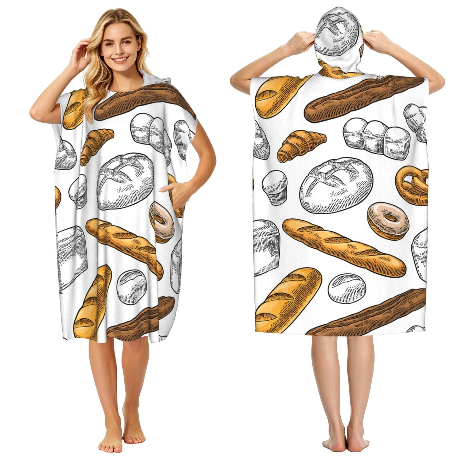 Poadnly Bread Pattern On White, Adult Hooded Beach Towel 90 x 110 cm,Changing Bath Robe, Surf Poncho Towel For Women Men