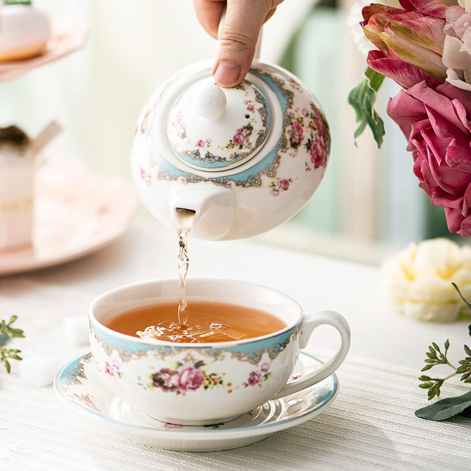 MALACASA Tea for One,Porcelain Tea Pot Set for One,Teacup and Saucer Set,Tea Service Set Tea Pot for Loose Tea(11 Oz Teapot, 8.4 Oz Teacup, 6 Inch Saucer), Series SWEET.TIME