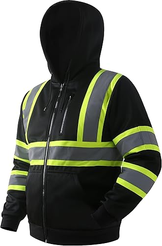 Miniatura 7 de JKSafety Sudadera de seguridad de alta visibilidad para hombres y mujeres, sudadera con capucha y cremallera de alta visibilidad con tiras