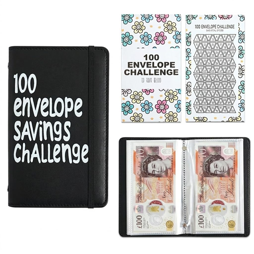 100 Envelope Savings Challenge Book Black, Reusable A6 Budget Binder with Cash Envelopes, Money Saving Wallet for Couples and Family, Cash Stuffing Organizer for Home Office